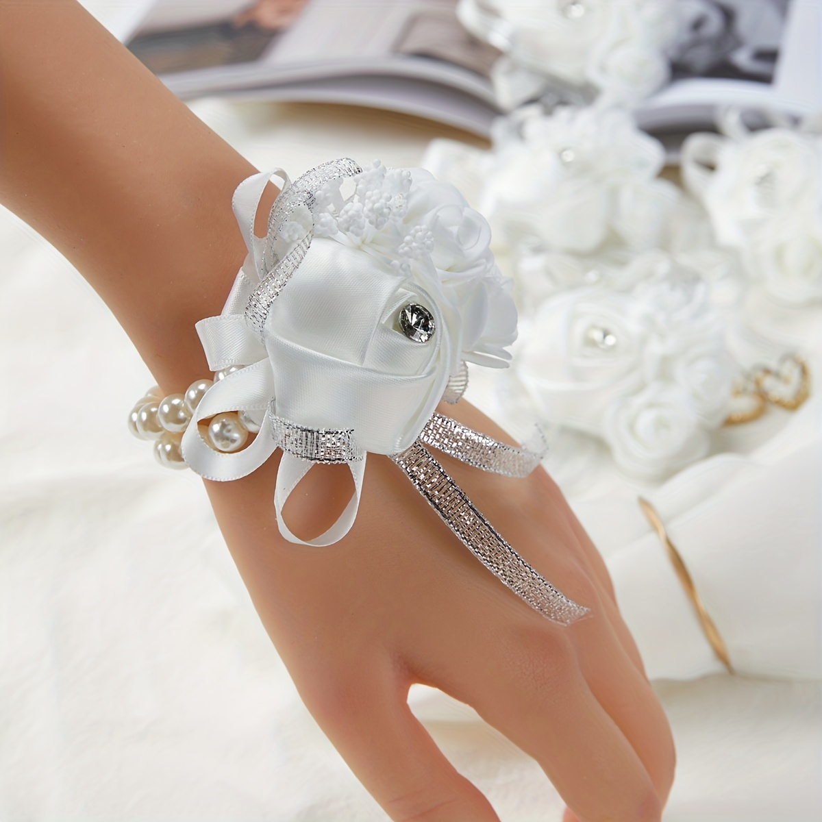 2pcs wrist corsages for bride bridesmaids wedding artificial silk rose faux pearls wrist corsage for women wedding bridal shower bride and groom s mother prom formal dinner party homecoming ceremony anniversary wrist flower decor