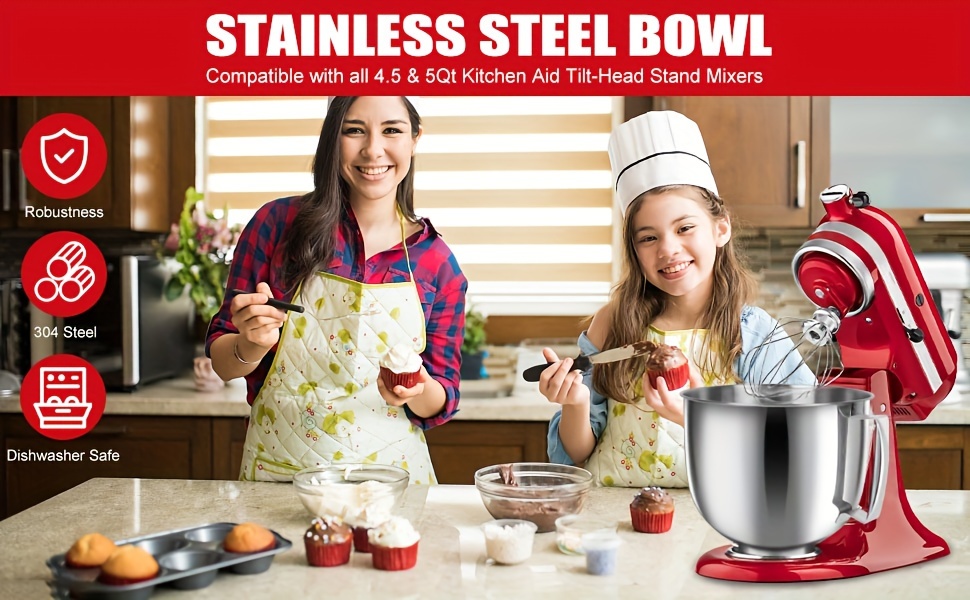 Stainless Steel Mixing Bowl Suitable For KitchenAid Artisan&Classic Series  4.5-5 QT Tilting Head Mixer, 5-quart Mixing Bowl With Handle, Can Be Placed