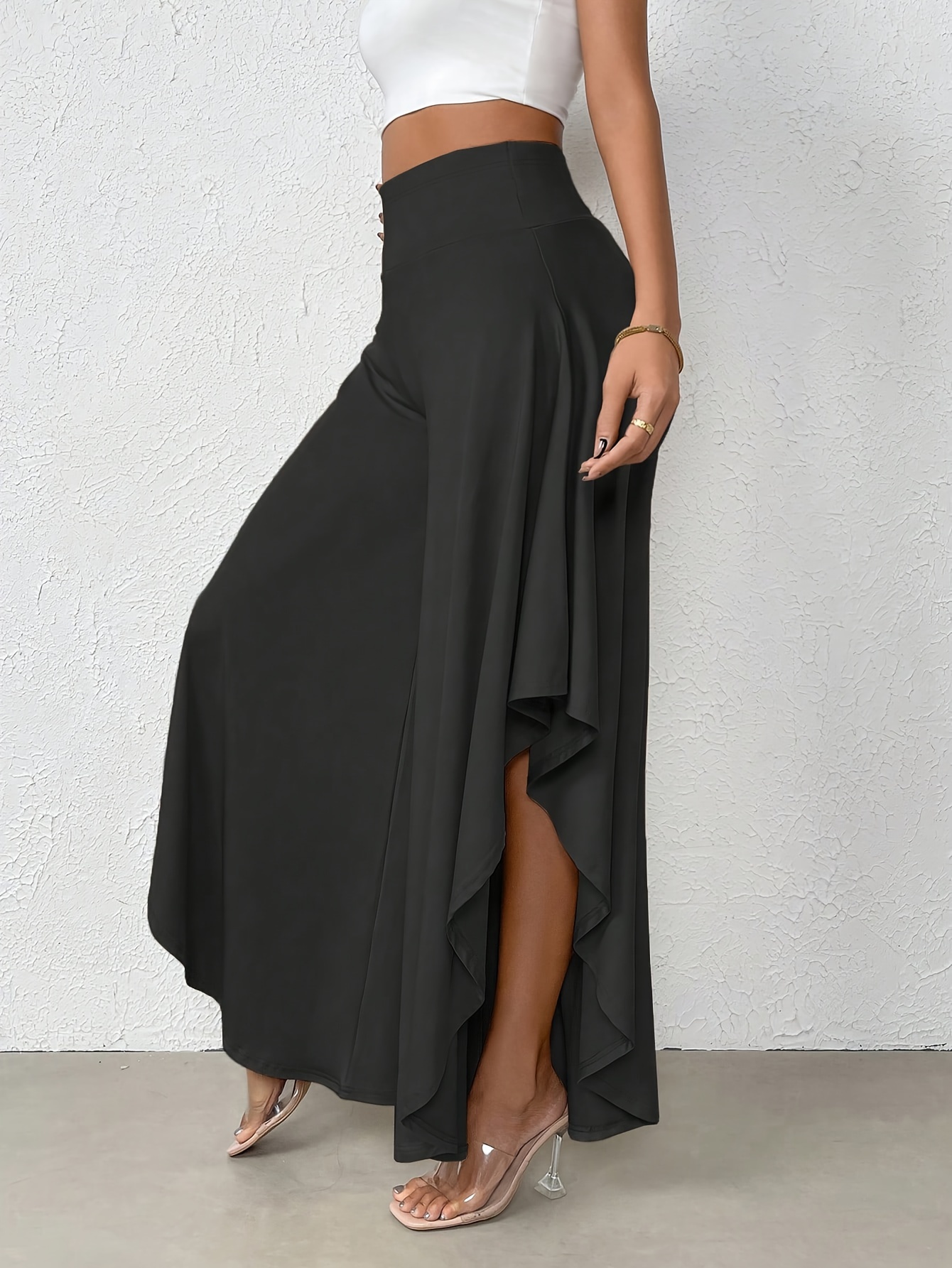 * Black Wide Leg Beach Pants, High Waist Solid Color Loose Fit Comfy Cover  Up Pants, Women's Swimwear & Clothing