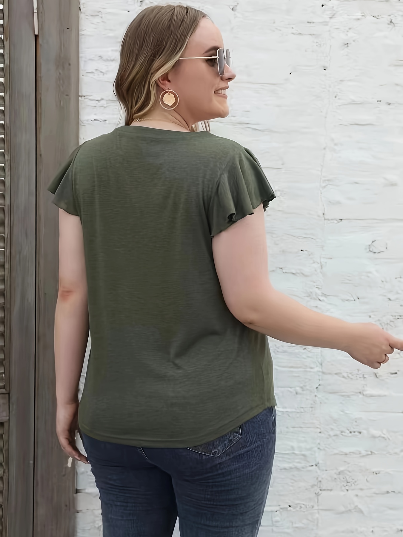 Plus Size Casual T-shirt, Women's Plus Solid V Neck Ruffle Sleeve