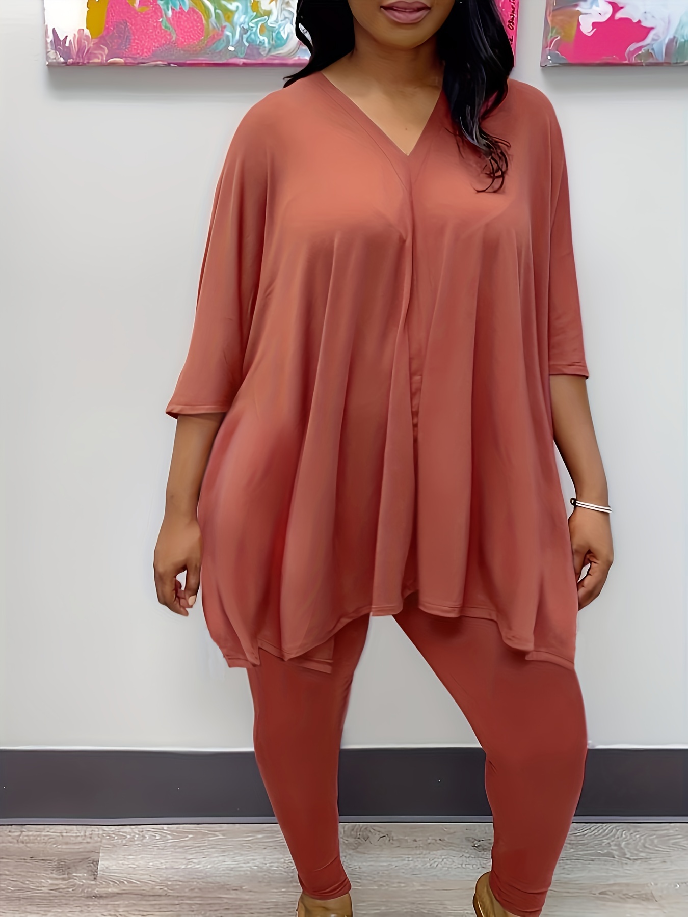 Plus Size Casual Outfits Set Women's Plus Solid Long Sleeve - Temu