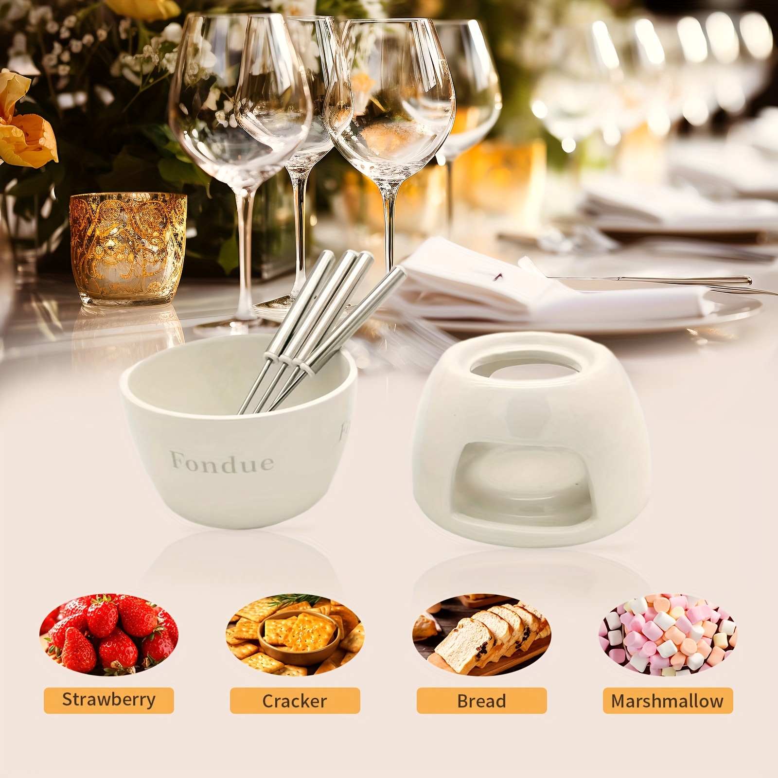 Ceramic Cheese Fondue Set With Forks And Candle Chocolate - Temu