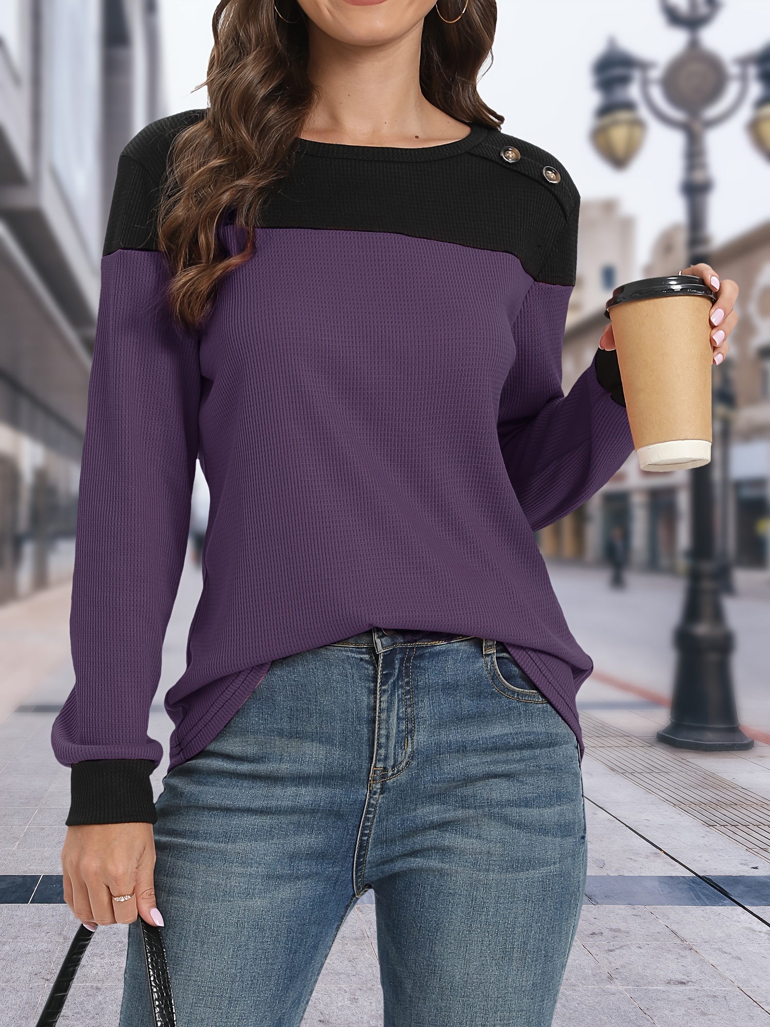 Colorblock Button Decor T shirt Casual Long Sleeve Top - Temu Canada