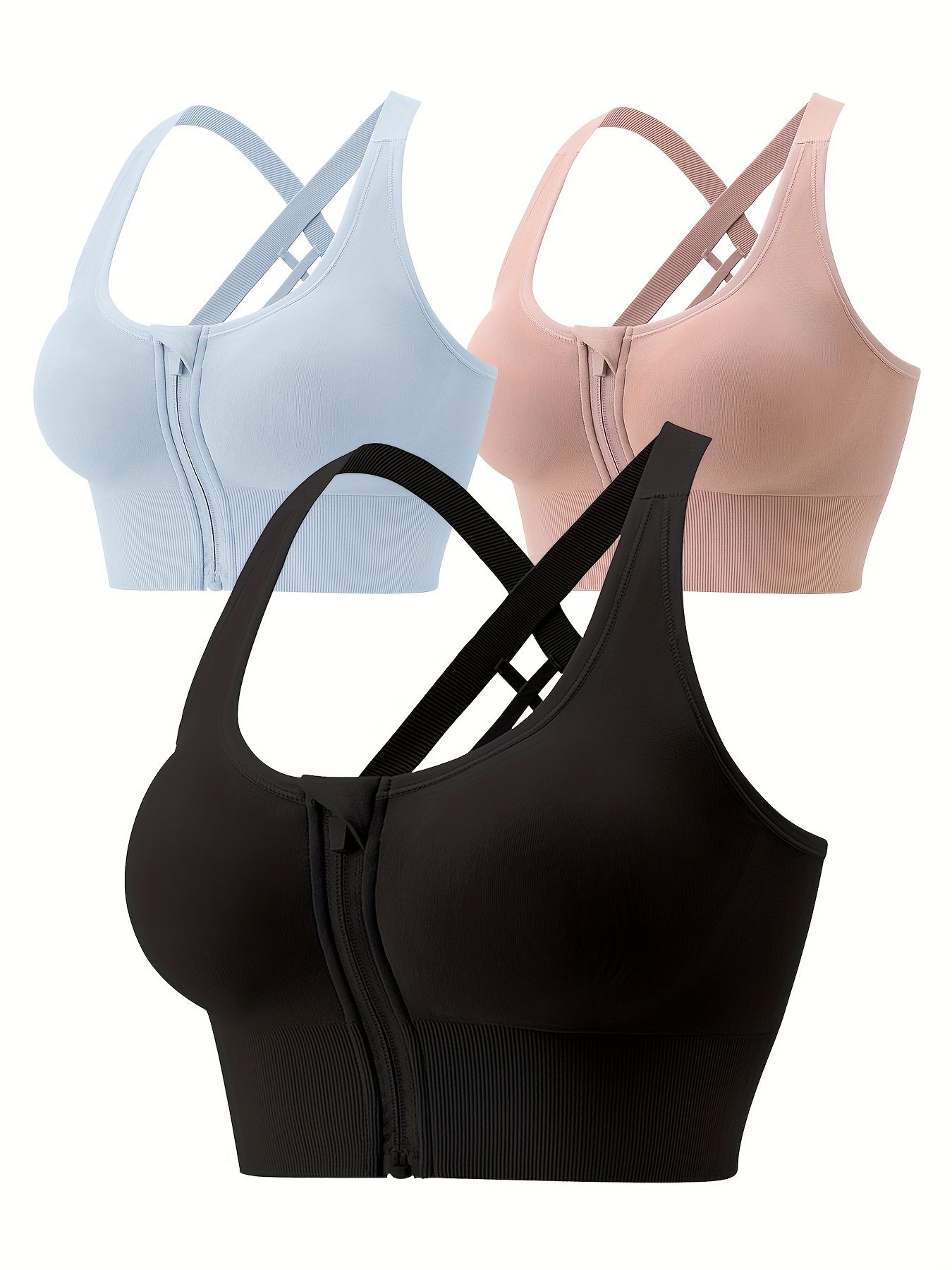 Women's Activewear: Comfy Solid Color Front Zip Sports Bras - Temu