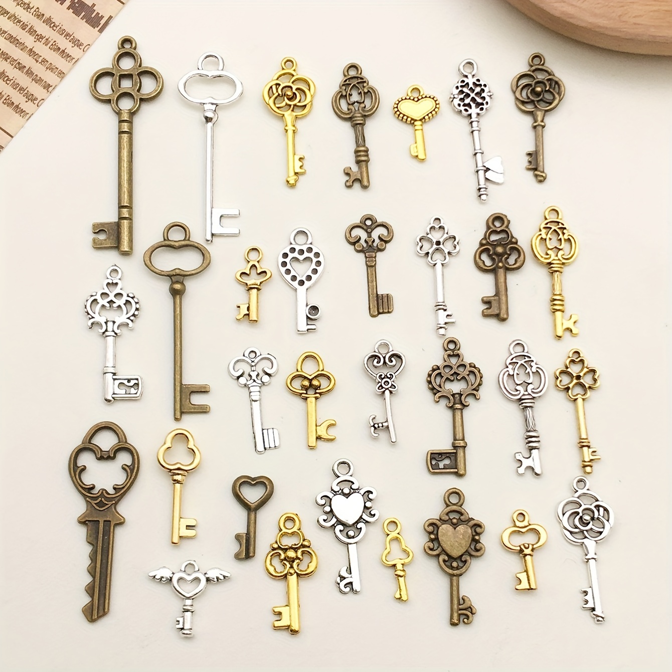 TEMU 30pcs Vintage Key Charms, Mixed Antique Bronze/silvery/golden Pendant For Diy Jewelry Making