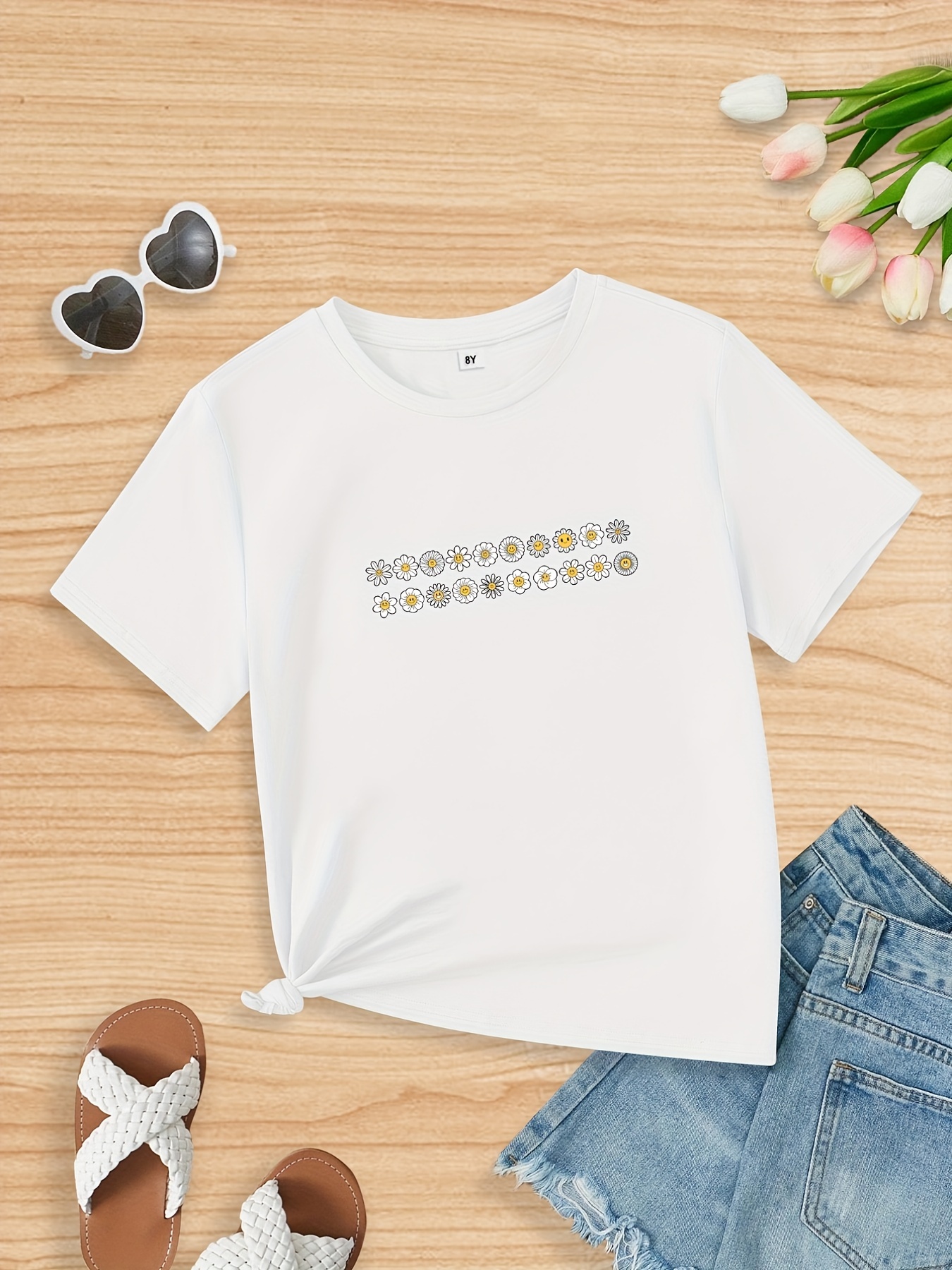 Chicas Daisy Flores Impresión Casual Camiseta Manga Corta Versátil Y  Inteligente Cuello Redondo Tee Para Niños Adolescentes, Idea De Regalo -  Temu