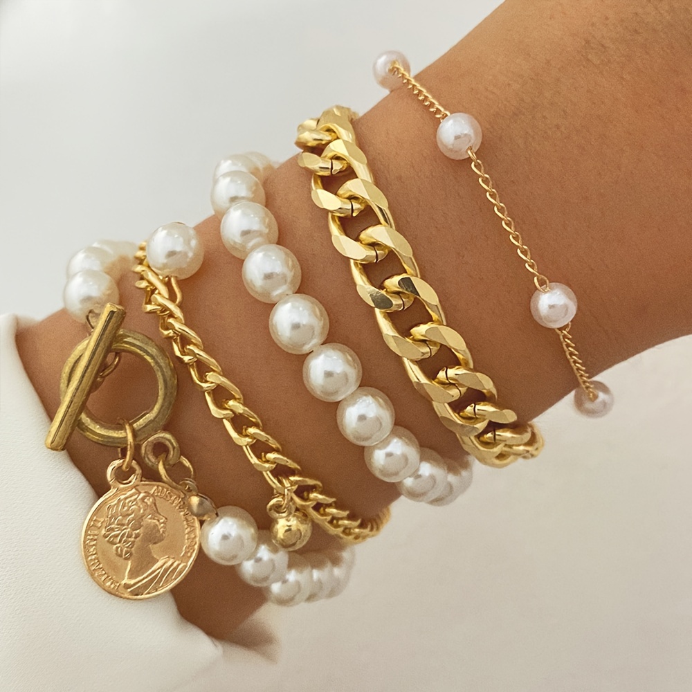 

5pcs Cuban Chain Bracelet Set With White Faux Pearls Beads Vintage Style Hand Chain Jewelry
