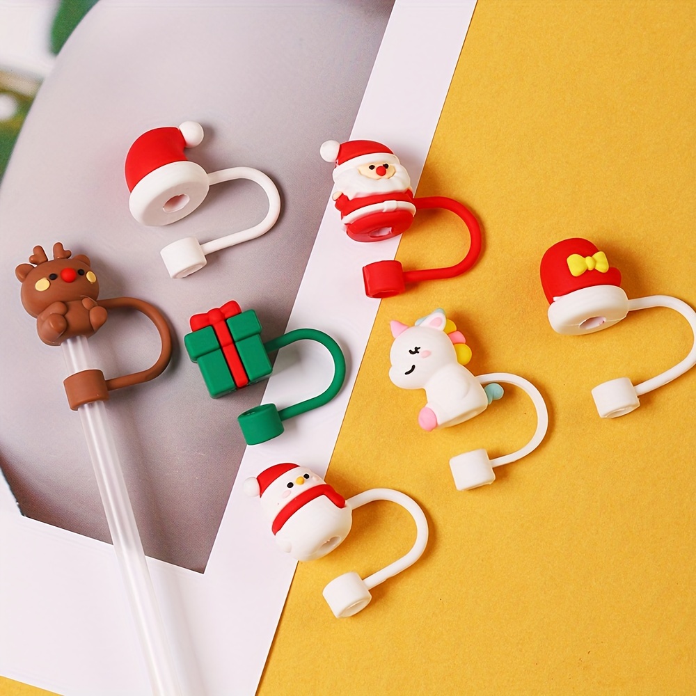 8pcs Christmas Straw Covers Cap Cute Silicone Straws Tips Covers Reusable Straw Toppers, Size: 8X3X1.5CM