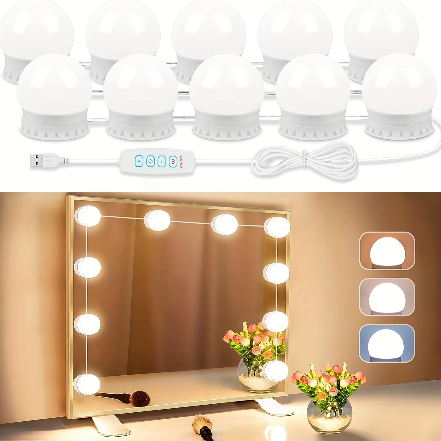 Lampes de miroir de courtoisie LED style Hollywood avec 10 ampoules à  intensité variable, câble USB pour miroir avec 3 modes de couleur et 10