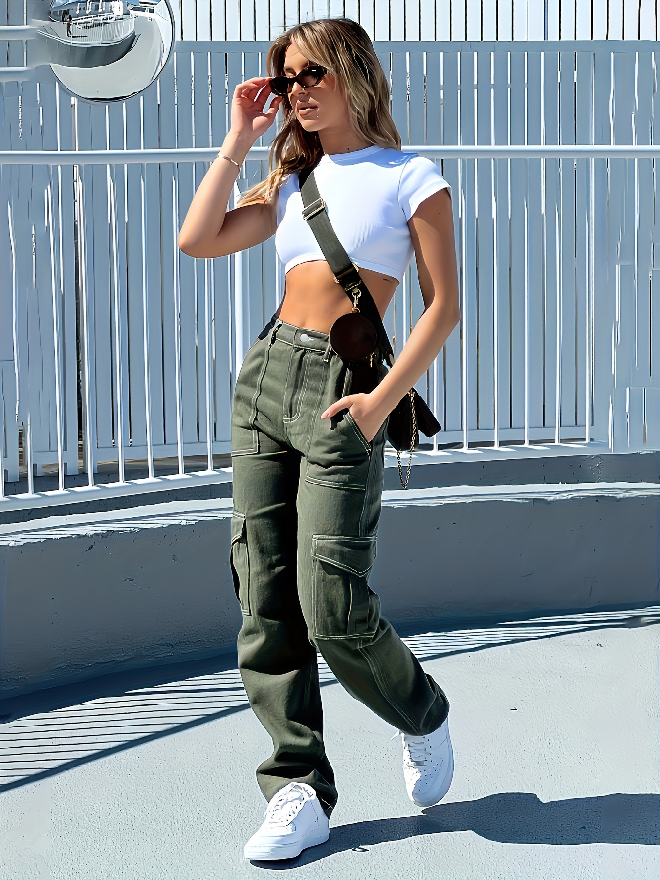 Armeegrüne Cargohose, Pattentaschen, hohe Taille, lockere Passform, nicht  dehnbare, lässige Denim-Hose, Y2K Kpop Vintage-Stil, Damen-Denim-Jeans und