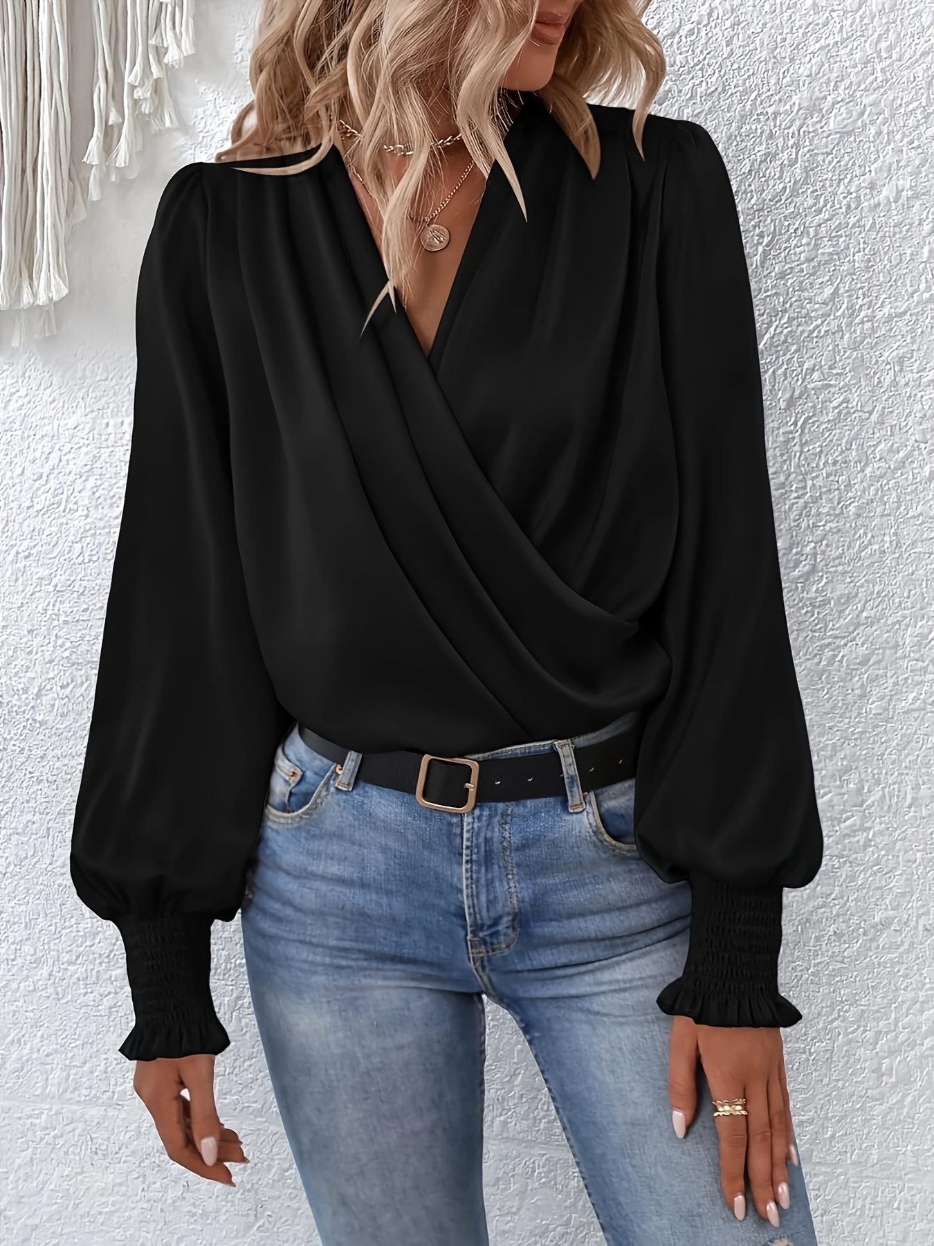 Solid Pleated V neck Simple Blouse Elegant Lantern Sleeve - Temu