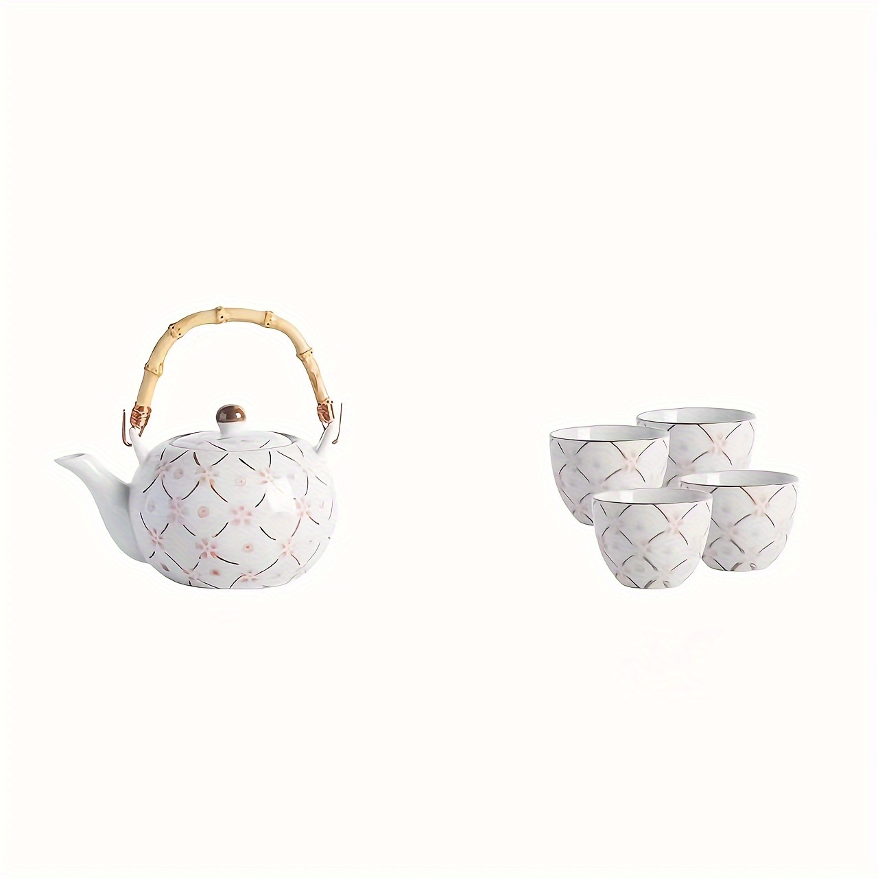 Japanese Design White Cherry Blossom Teapot and Cups Set