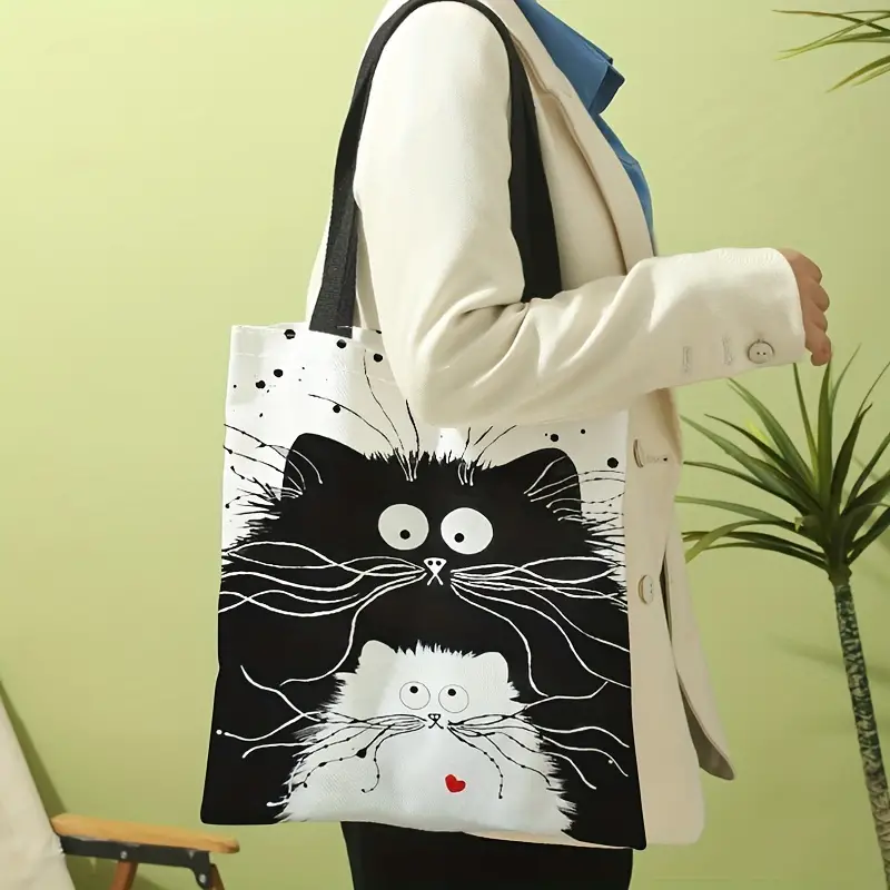 Black White Cat Love Canvas Tote Bag Large Capacity Shoulder - Temu