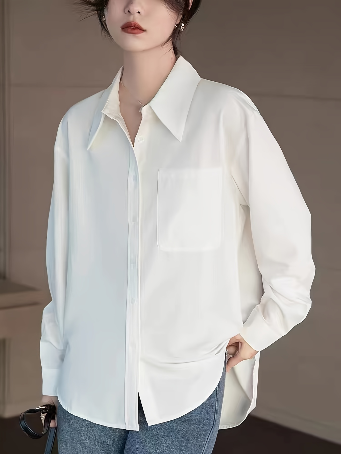 Solid * Neck Button Front Long Sleeve Shirt, Casual Simple Office Commuter  Loose Shirt, Women's Clothing