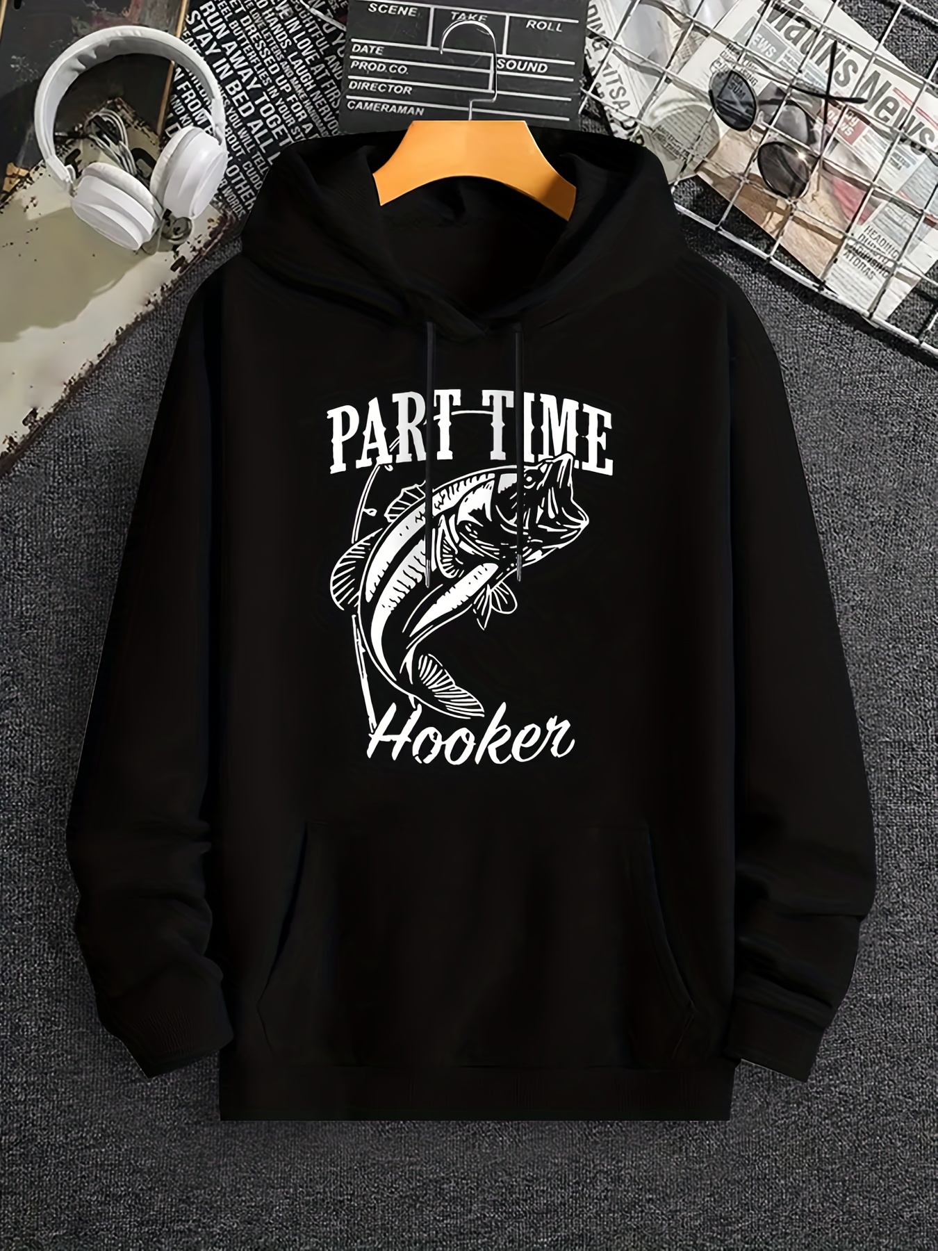 Fishing Print Hoodie, Cool Hoodies for Men, Men's Casual Graphic Design Pullover Hooded Sweatshirt with Kangaroo Pocket Streetwear for Winter Fall