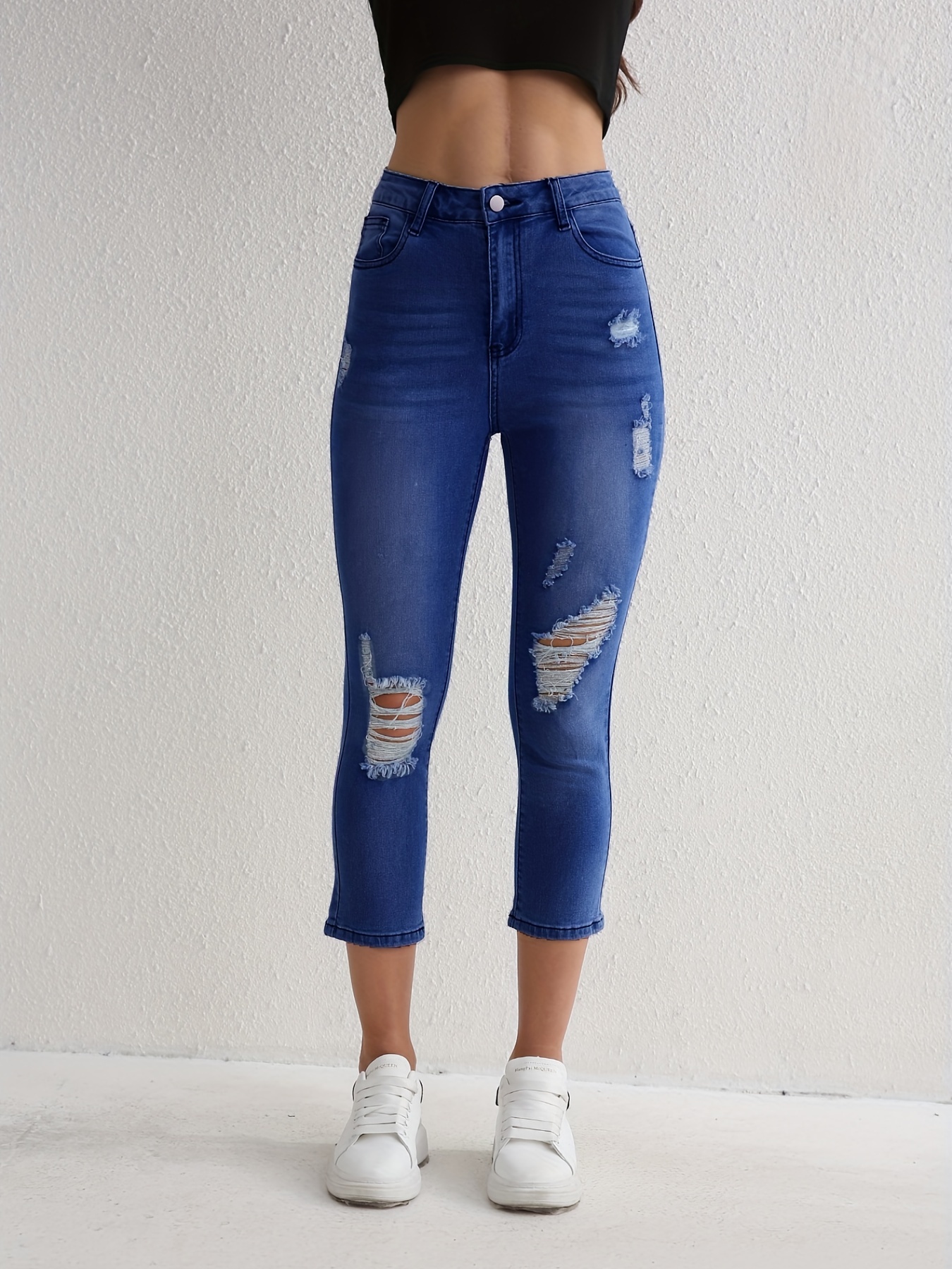 Blue Ripped Holes Cropped Jeans Slim Fit High stretch - Temu