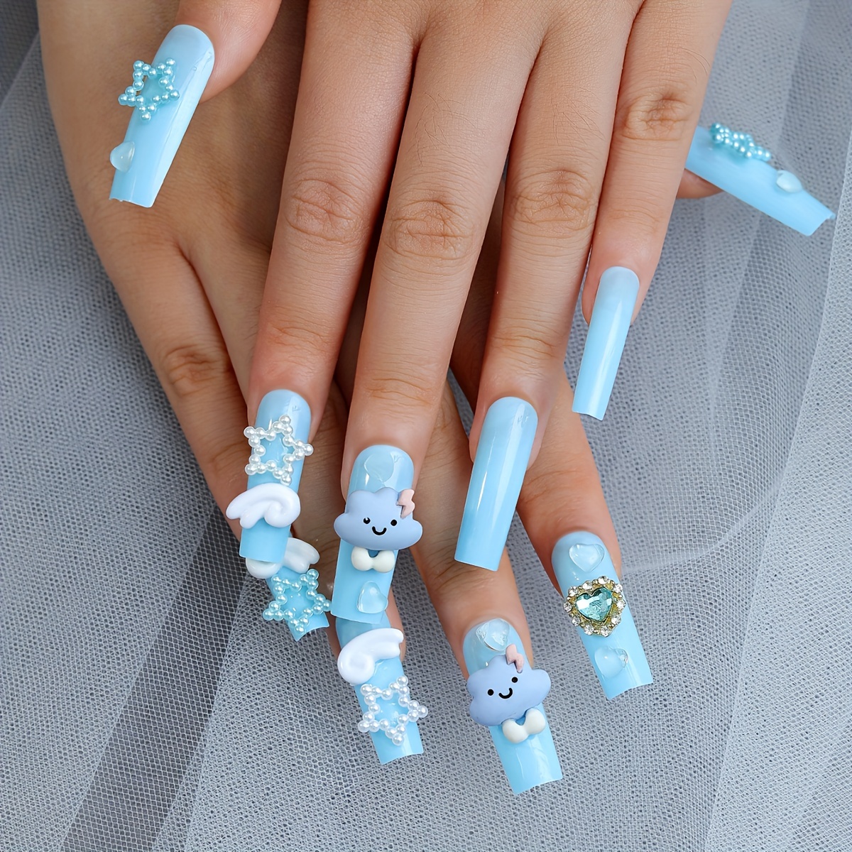 Cotton Candy Teddy Bears Kawaii Nails Soft Nails Pink and Blue