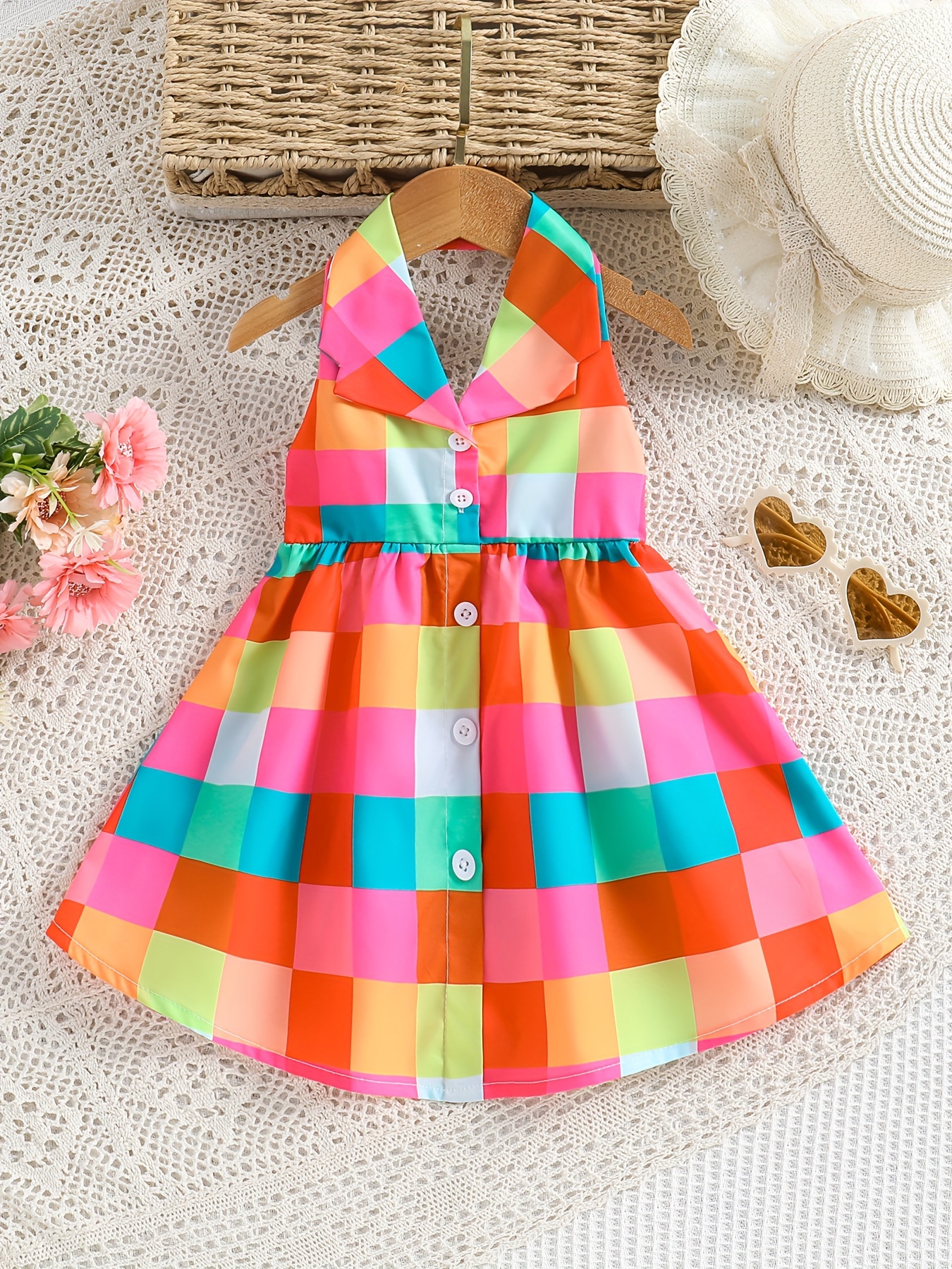 skpabo Toddler Baby Girl Summer Dress Sleeveless Plaid Print Backless Lace  Dress Cotton Casual Dresses 