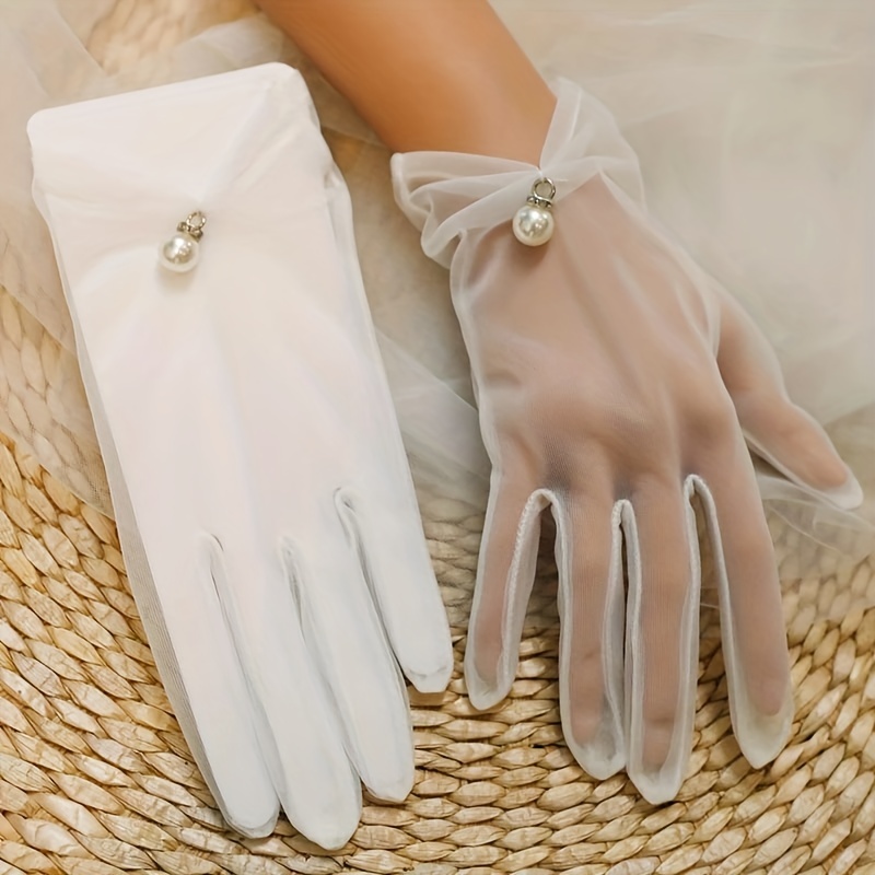 1 par de guantes de seda blanca de satén para mujer, guantes de disfraz,  guantes blancos para vestido de boda, guantes de malla de encaje floral  para