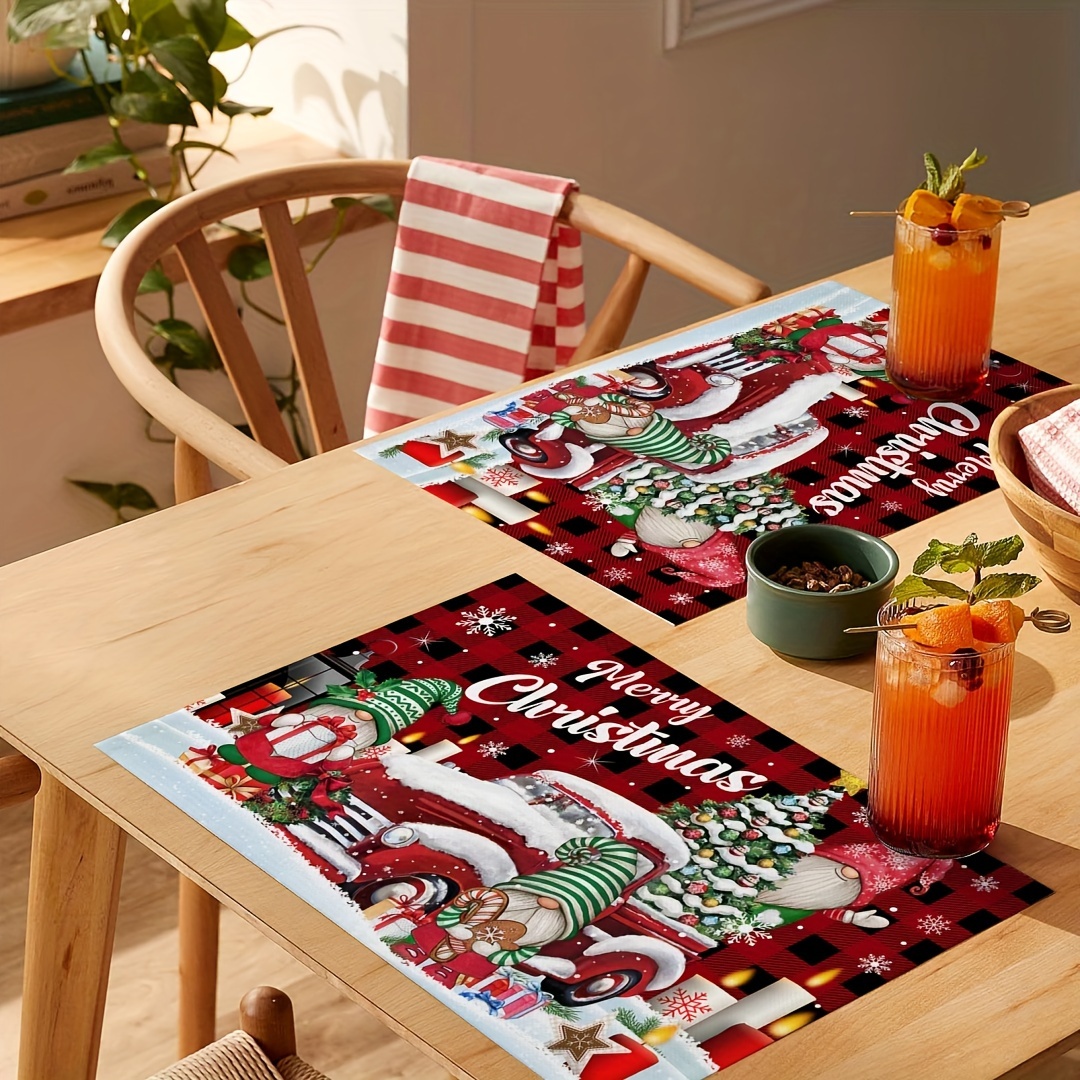 Christmas Gnomes Elf PVC Placemats for Dining Tables,Set of 4 Kitchen Table  Mats Xmas Pine Tree Red Cardinal Snowflake Waterproof Wipeable Placemat