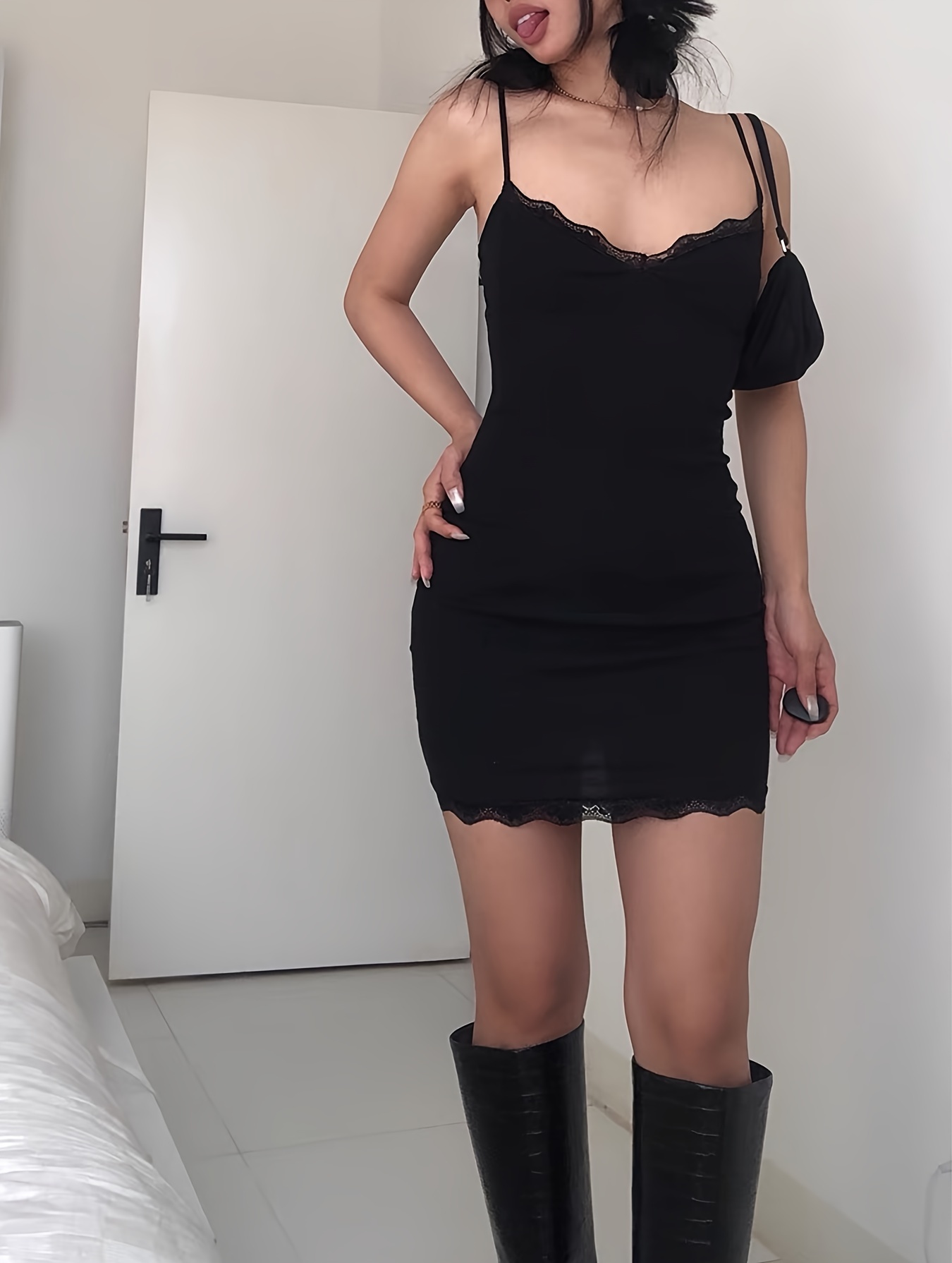 Solid Lace Cami Dress Sexy Sleeveless Scallop Trim Split - Temu