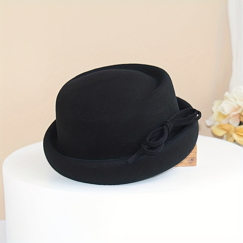 Vintage Bowknot Wool Fedoras Cap Simple Solid Color British Style Felt Hats Short Brim Trilby Hat For Women Autumn & Winter