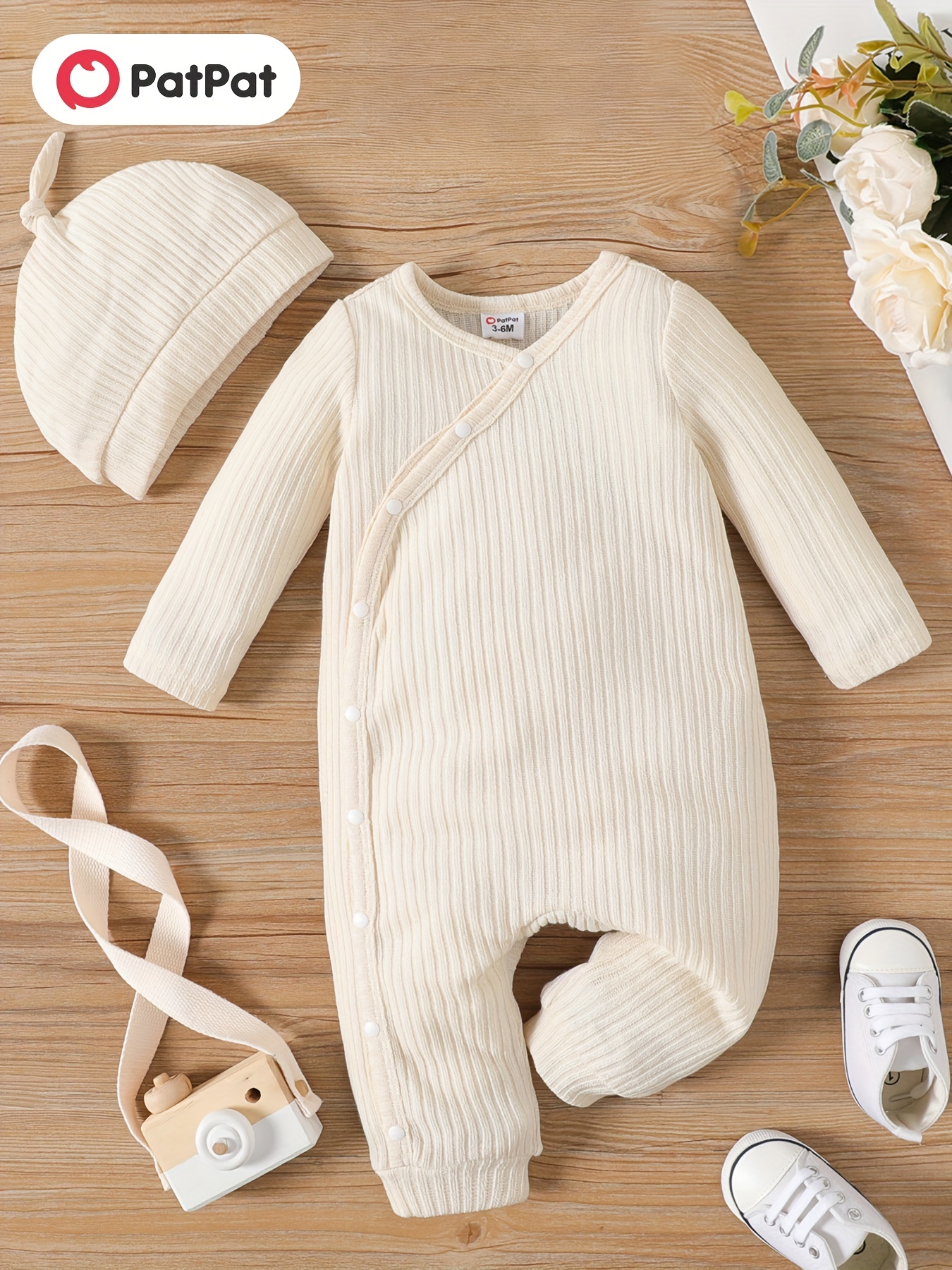 2pcs Baby Boy/Girl Solid Long-sleeve Jumpsuit One-piece Coverall Set