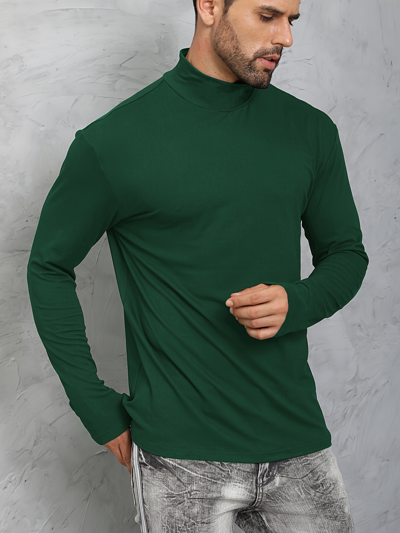 Men Long Sleeve Pullover High Neck Turtleneck Stretch Slim Basic T Shirt  Tee Top