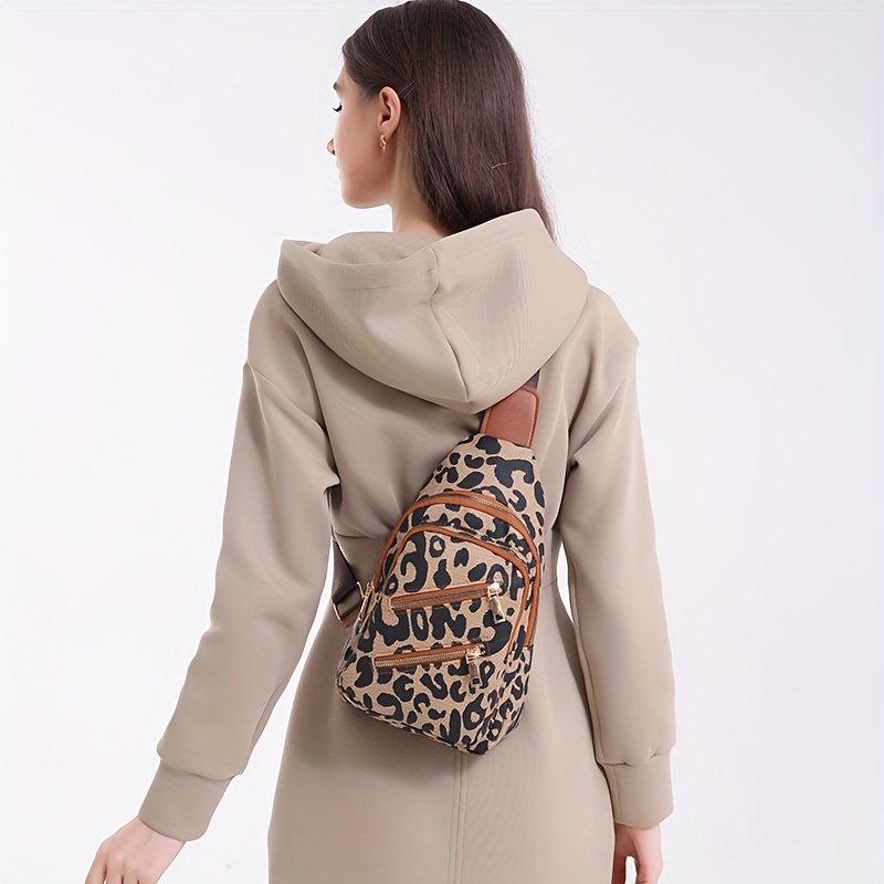 Leopard Pattern Sling Chest Bag, Multi Zipper Crossbody Bag, Casual Shoulder  Purses For Streetwear - Temu