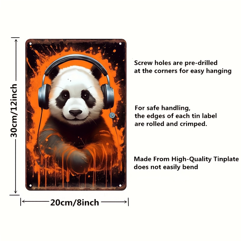 Cool Panda Tin Sign Wall Art Fun Panda Bear Headphones Temu