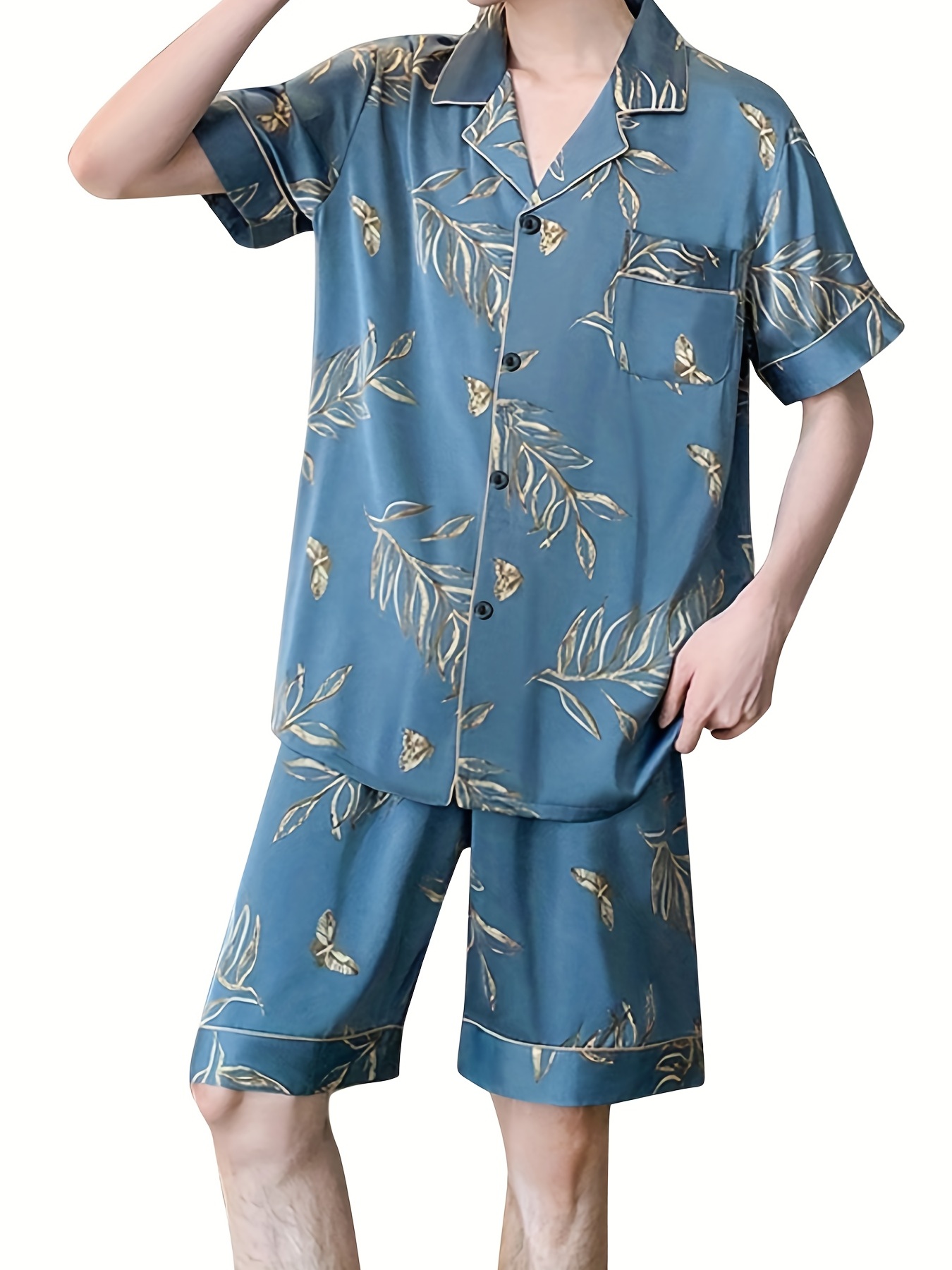 V Neck Nightwear Sleep Set Pajamas Ice Silk Printing Long Sleeve Homewear  Sleepwear Shirt Pant Outside 2Pcs Loose Homewear