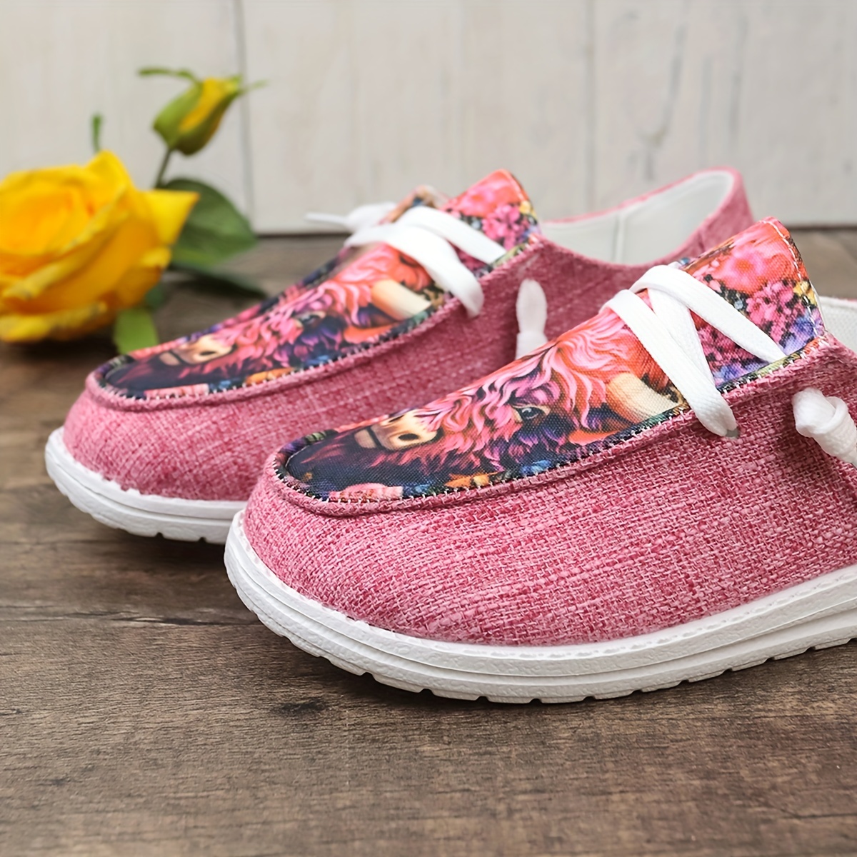 Cow Flower Pattern Lightweight Slip On Canvas Sneakers Skate Shoes, Flat  Comfortable Wear Loafers Shoes Boats Shoes, Non Slip Casual Vers