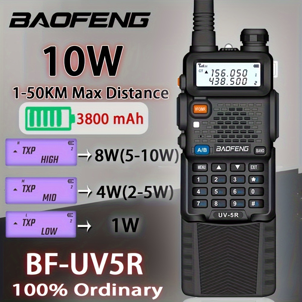 UV-5R 8W Jambon Radio Walkie Talkie Walkie Longue Portée Rechargeable  1800mAh Batterie Li-ion avec Antenne 771, Noir 2 Pcs