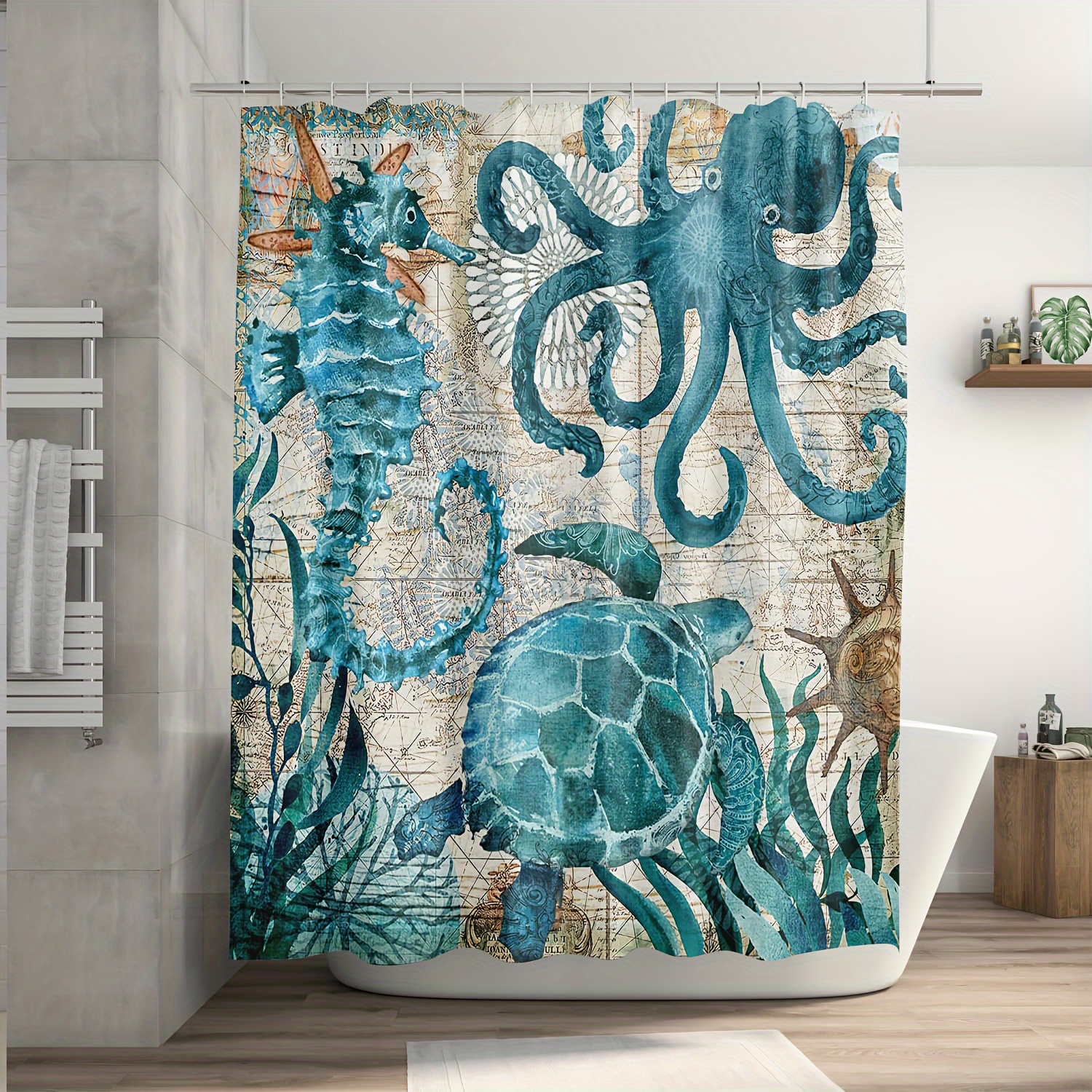 1/4PCS Ocean Theme Shower Curtain Set, Blue Ocean Sea Turtles Octopus  Seahorse Beach Bathroom Decor, Bath Mat, Non-Slip Rugs, Toilet Lid Cover,  Waterp
