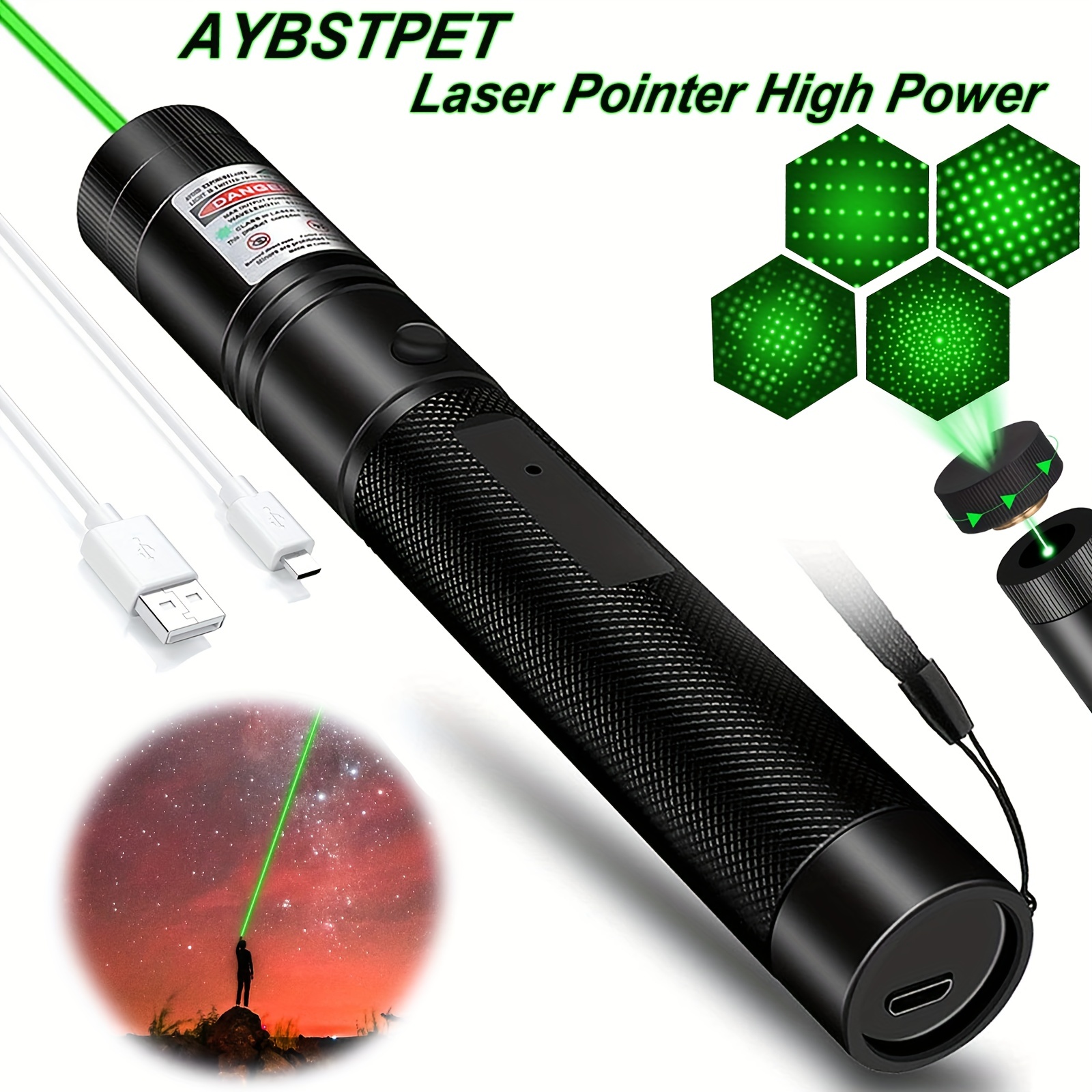 Pointeur laser vert longue distance haute puissance, stylo pointeur laser,  randonnée rechargeable, chargement USB