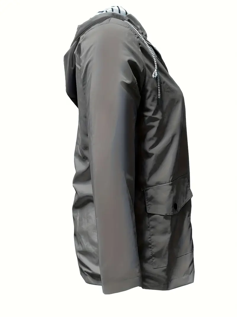 Women's Lightweight Waterproof Jackets Solid Color Long Sleeve Hooded Lapel  Drawstring Zipper Casual Sport Coat(Gray,S)