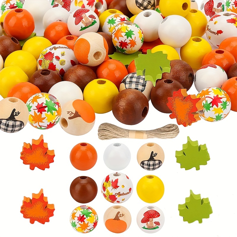 

49pcs Mixed Autumn Theme Wooden Beads, Pumpkin Leaf Mushroom Colorful Round Wooden Beads For Diy Bracelets, Necklaces, Thanksgiving Decorative Gifts, Party Supplies, Home Decoration Crafts