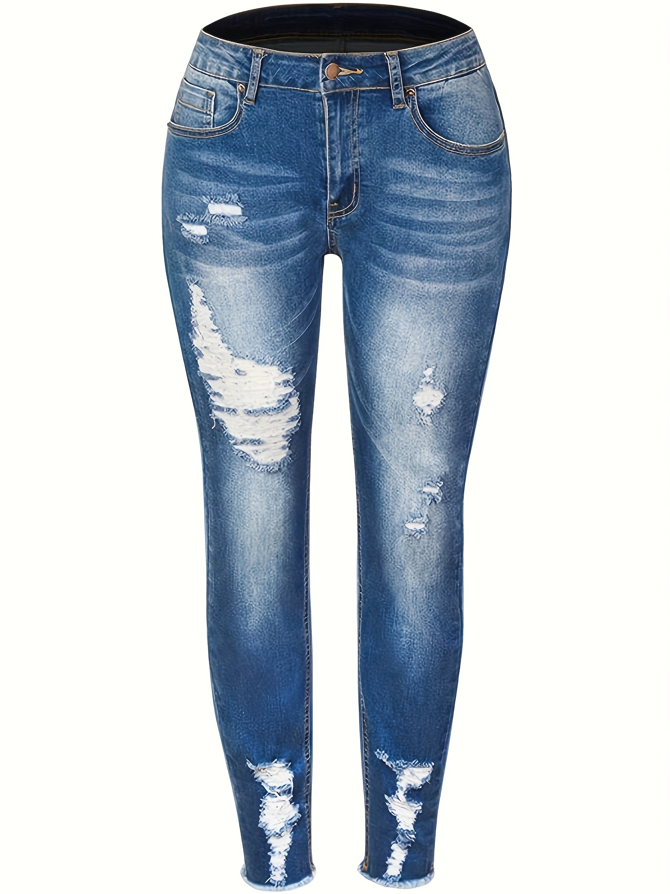 Blue * Trim Waist Skinny Jeans, Slim Fit Ripped Holes High Stretch Tight  Jeans, Women's Denim Jeans & Clothing