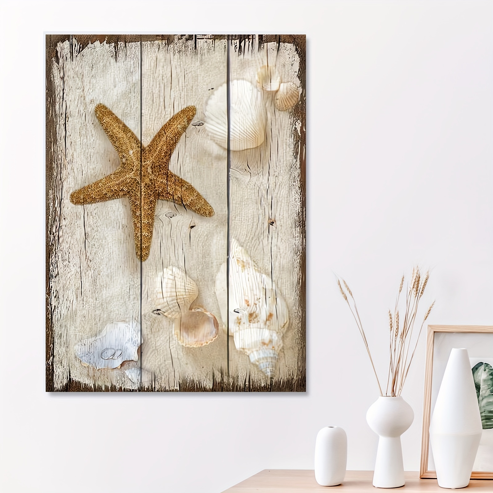 1pc Framed Vintage Canvas Painting Beach Shells And Starfish Ocean