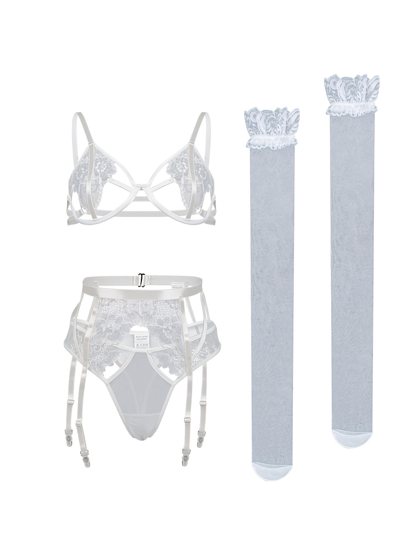 4pcs Lace Hollow Harness Sexy Lingerie Set, Sheer Thin Straps Bra &  Semi-sheer Hollow Thong Panty & Girdle Garter & Stockings, Women's Sexy  Lingerie 