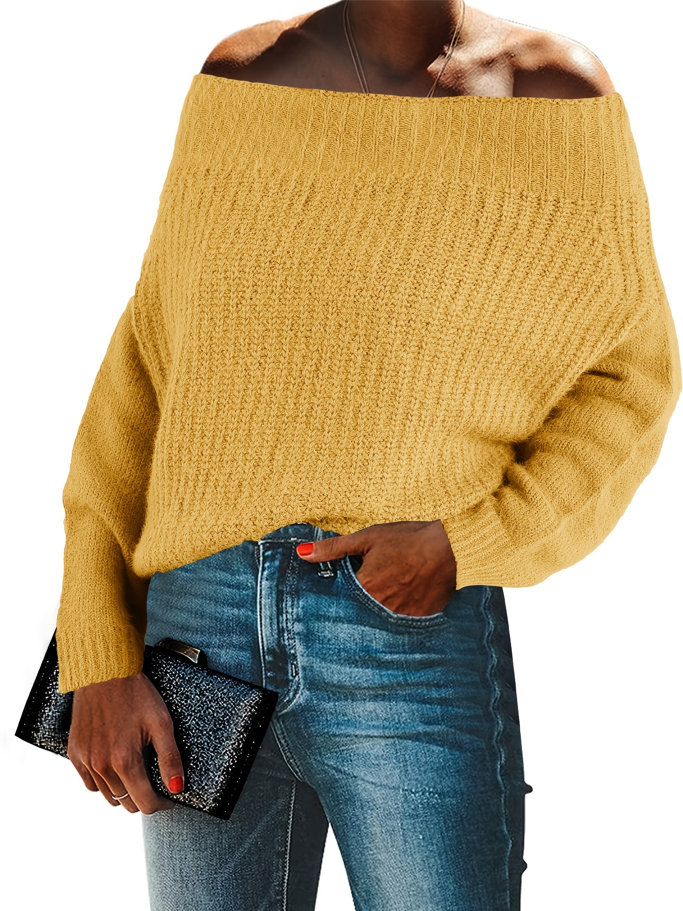 Color Block Shoulder Knitted Sweater Casual Long Sleeve Temu