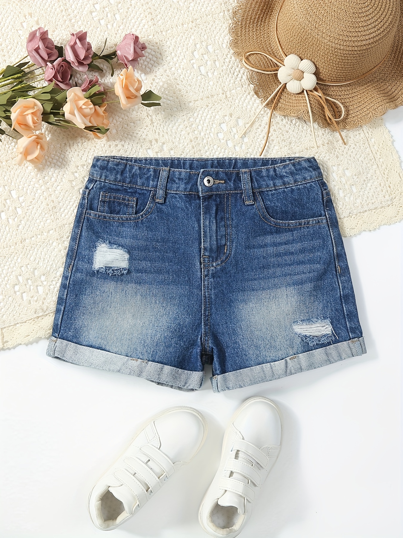 Girls Ripped Short Jeans - Temu