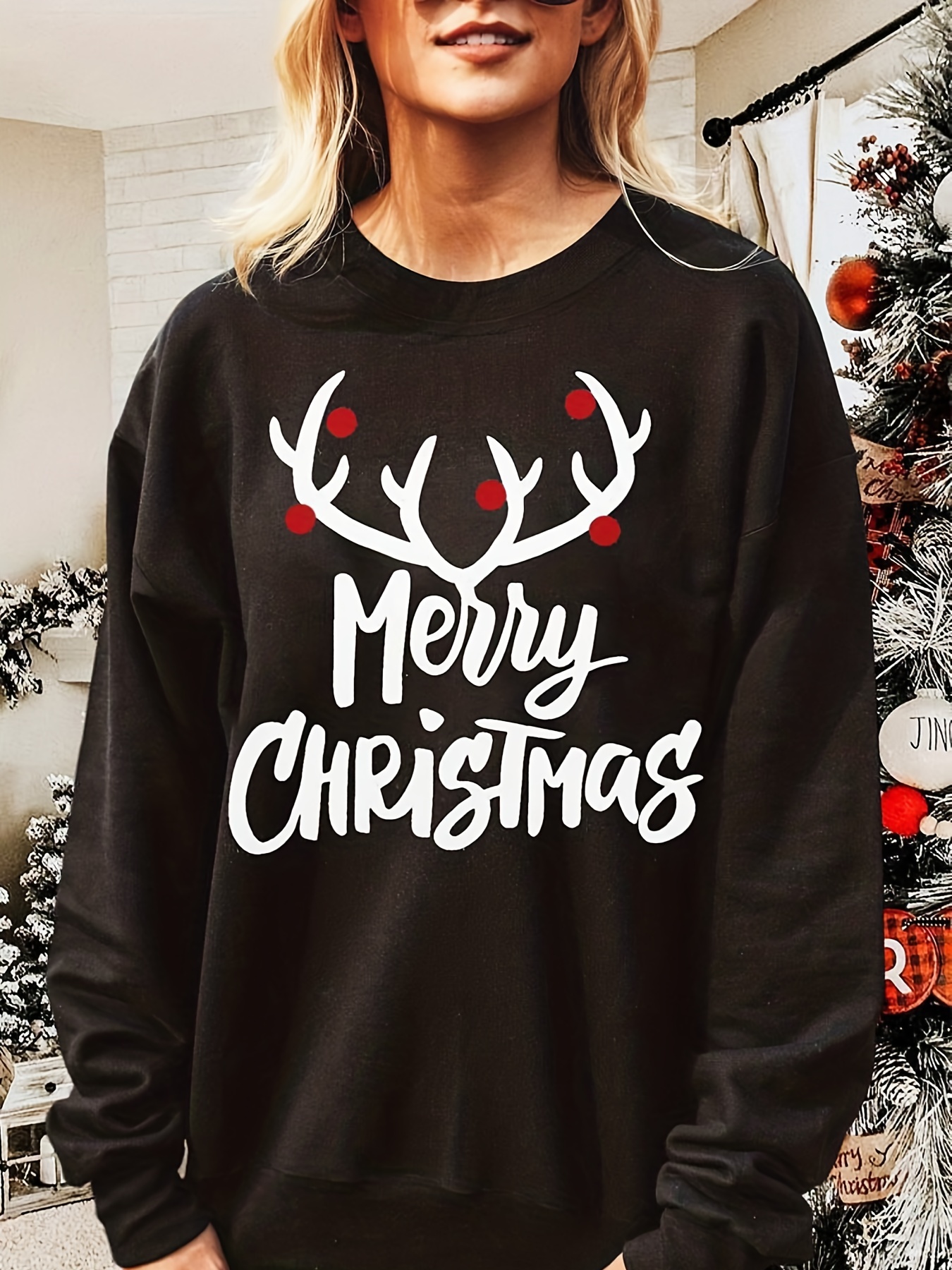 Merry Christmas Print Long Sleeve T shirt Crew Neck Color - Temu