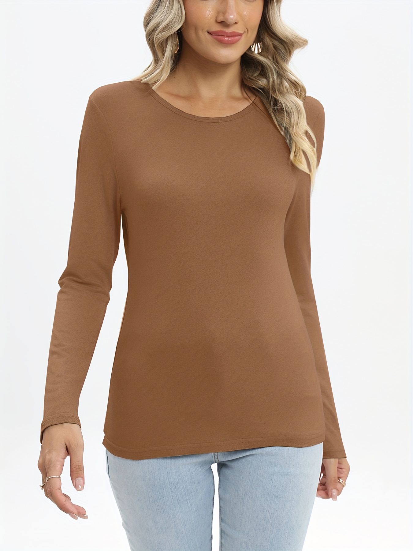 solid crew neck t shirt casual long sleeve lim top for spring fall womens clothing camel 4