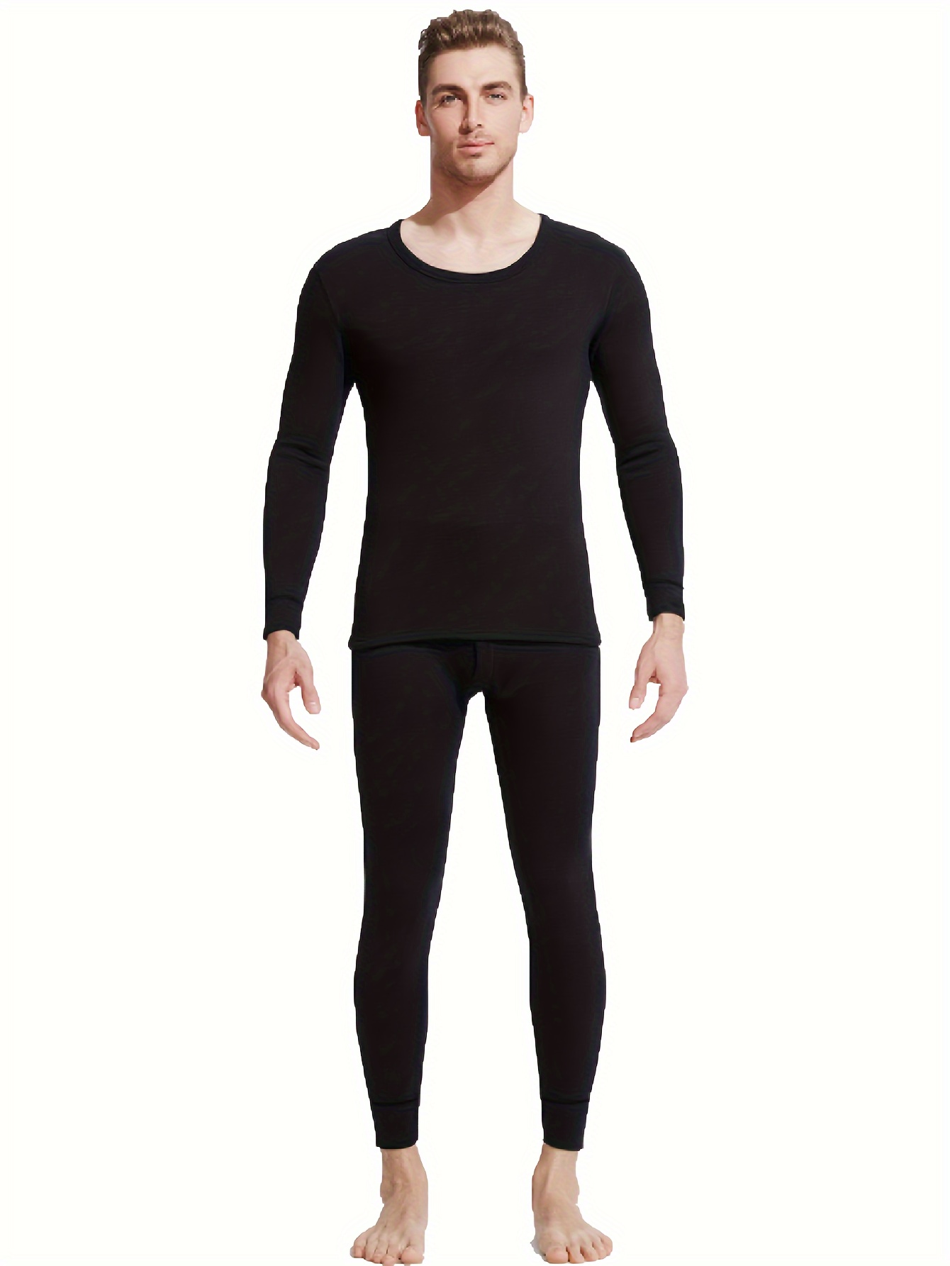 Men's Thermal Underwear Set, Autumn Winter Long Sleeve Crew Neck Bottom  Shirts & Pants, Plain Color Base Layer Set