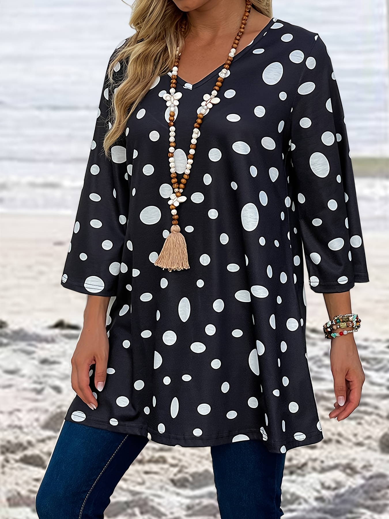 Polka Dot 3/4 Sleeve Tunics Casual V Neck Tunics Spring - Temu