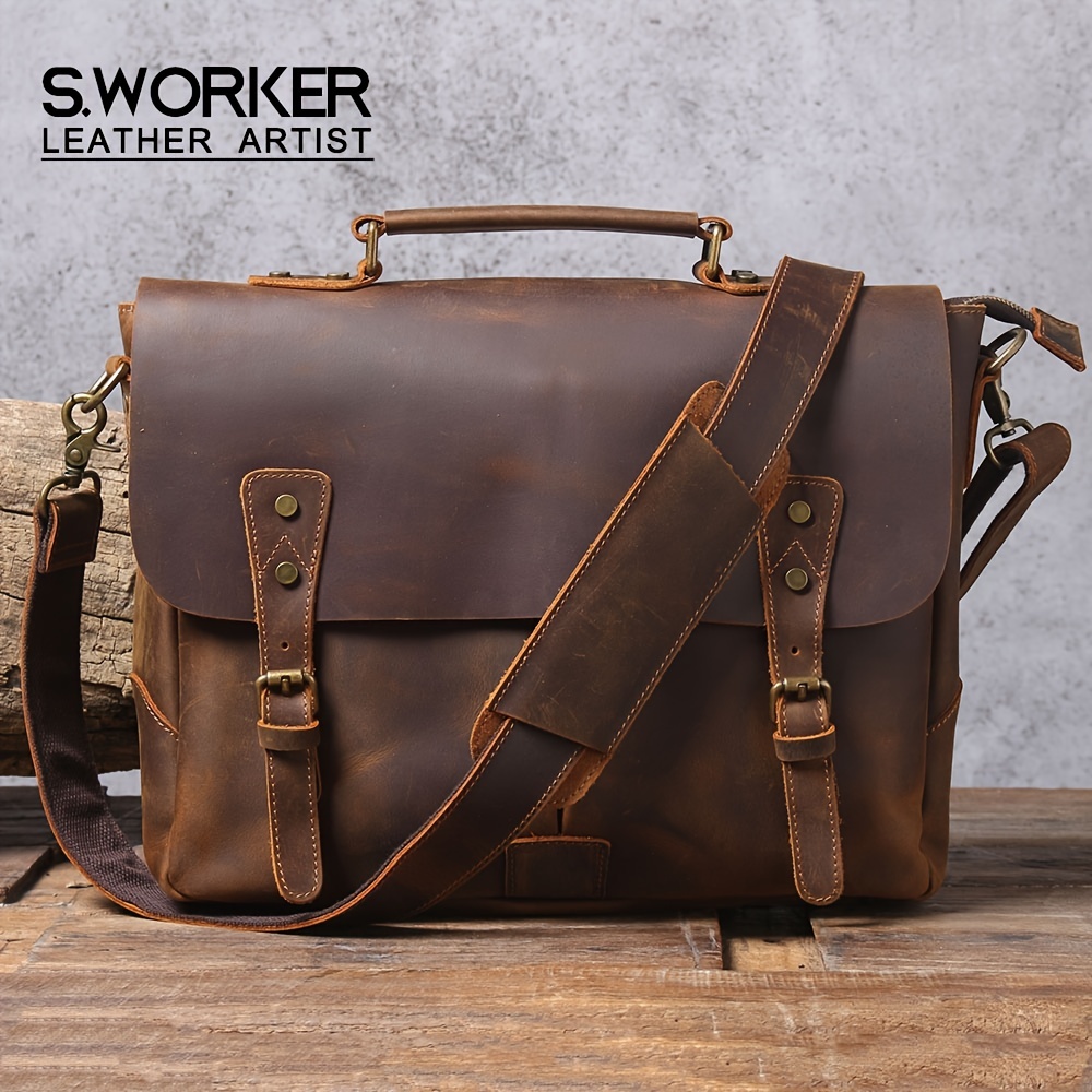 Men's Vintage Genuine Leather Briefcase Crossbody Bag, Bags For Work & Business - Click Image to Close