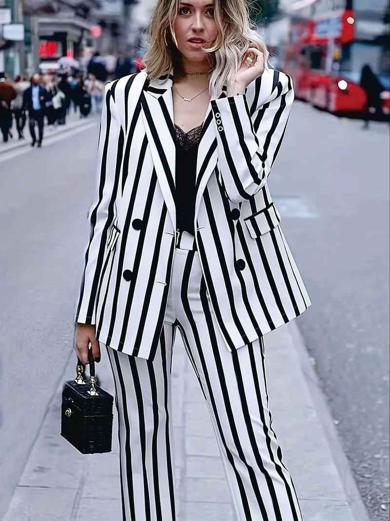 Plus Size Casual Suit Set Women's Plus Stripe Print Long - Temu