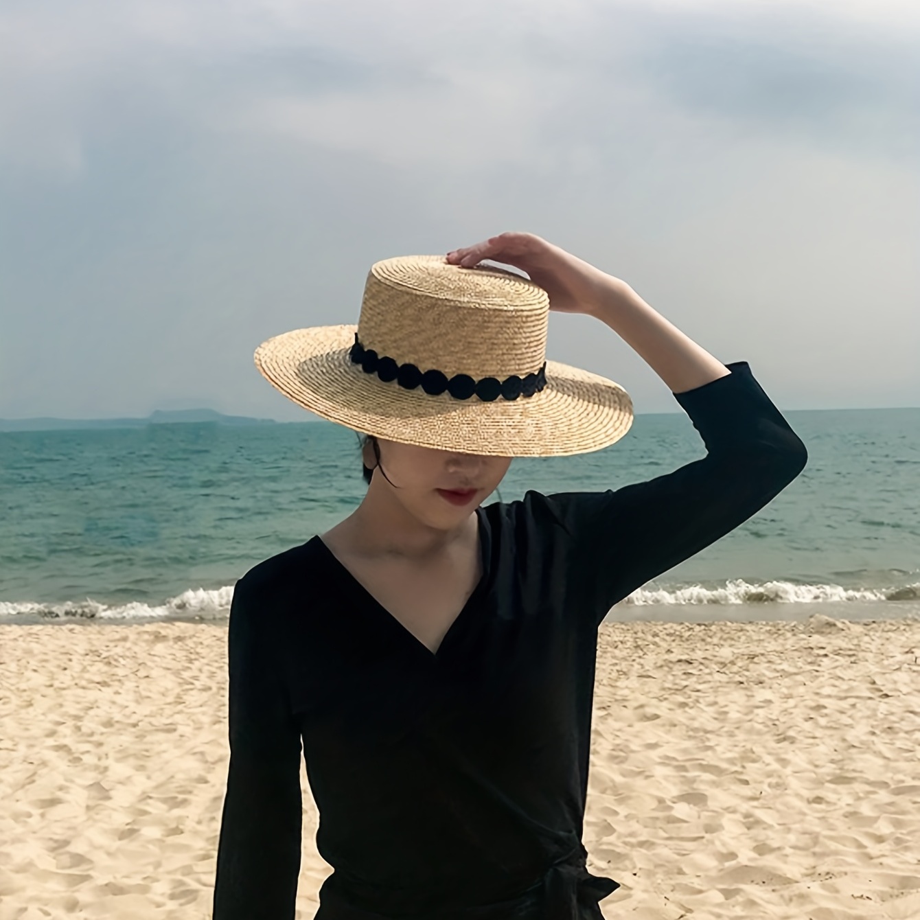 Flat Top Straw Sun Hat Elegant Wide Brim Uv Protection Beach - Temu Canada