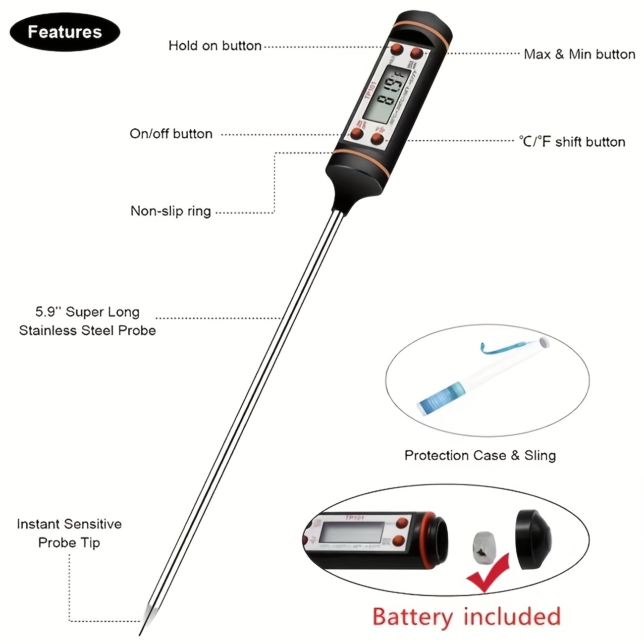 Digital Cake Thermometer Stainless Steel Instant Read Cooking Electronic  5.9 Inch